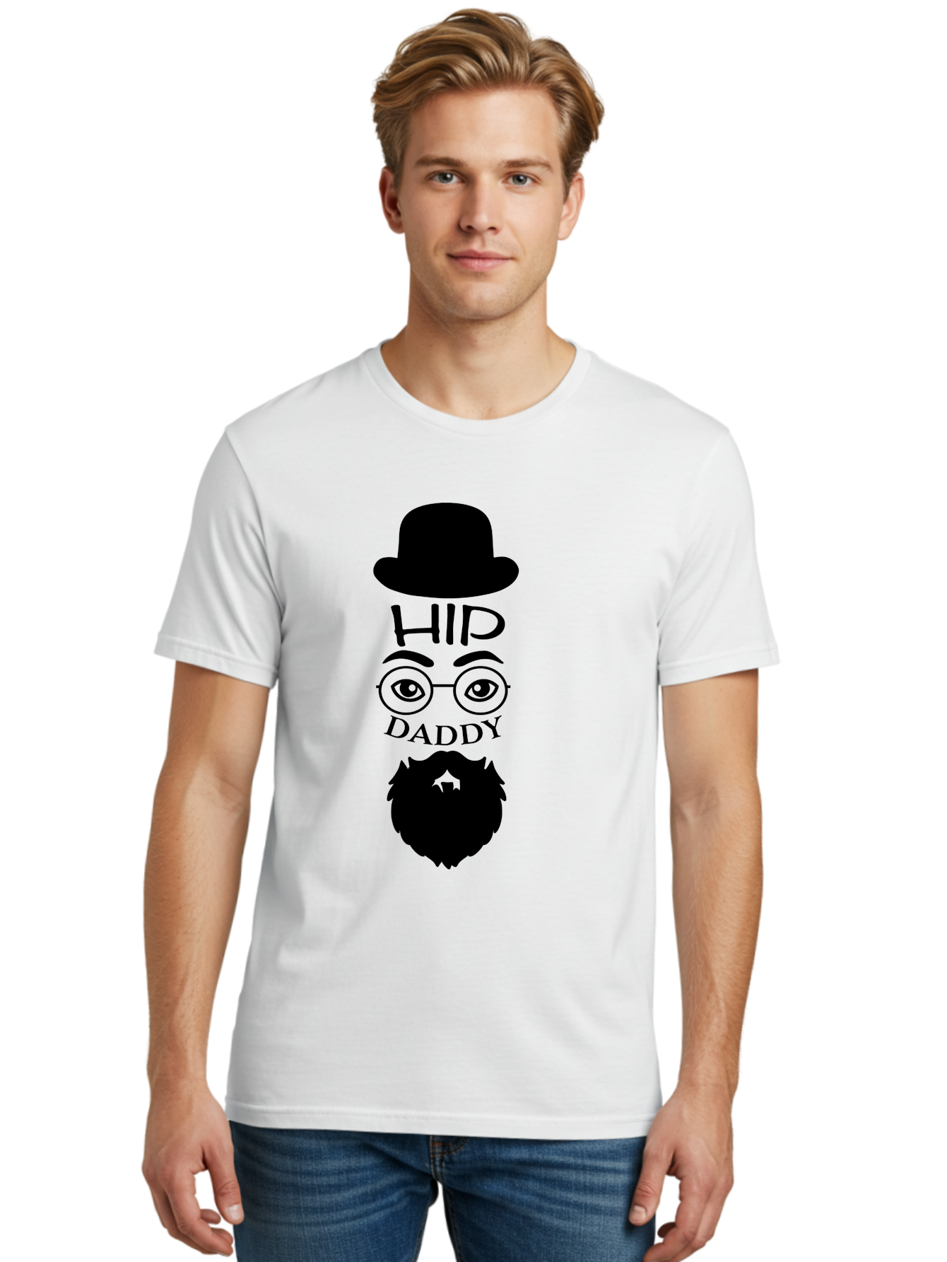 Hip-Daddy Men'S Graphic Tee, 100% Cotton, Comfortable Casual Summer Wear, Machine Washable, Hip Daddy, Bearded Man, Vintage Style, Round Glasses, Bowler Hat, Modern Daddy, Stylish Dad, Fashion Illustration, Hipster Daddy Aac820