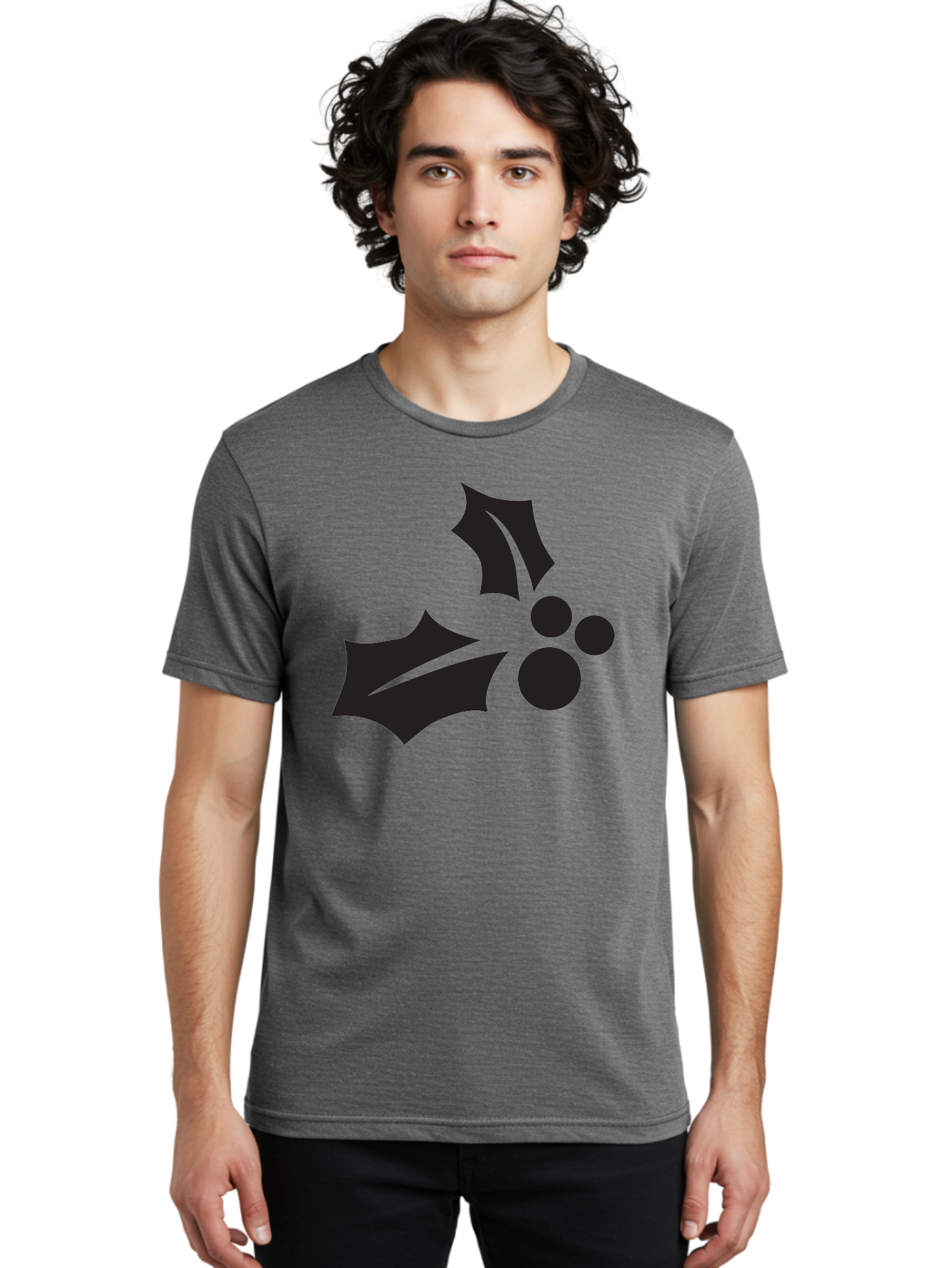Holly-Leaves-And-Berries Men'S Graphic Tee, 100% Cotton, Comfortable Casual Summer Wear, Machine Washable, Holiday Holly, Christmas Leaves, Festive Berries, Black Silhouette, Minimalist Design, Winter Decor, Seasonal Graphics Aac823