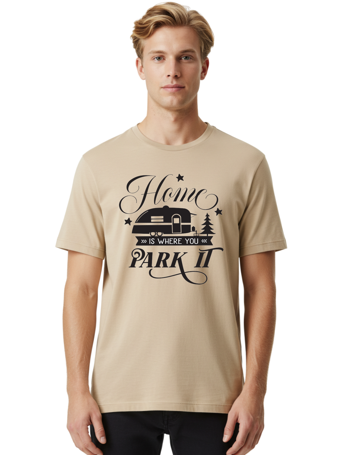 Home-Is-Where-You-Park-It Men'S Graphic Tee, 100% Cotton, Comfortable Casual Summer Wear, Machine Washable, Camping Life, Camper Trailer, Outdoor Adventure, Travel Trailer, Recreational Vehicle, Camping Quote, Travel Quote, Rv Lifestyle, Aac825
