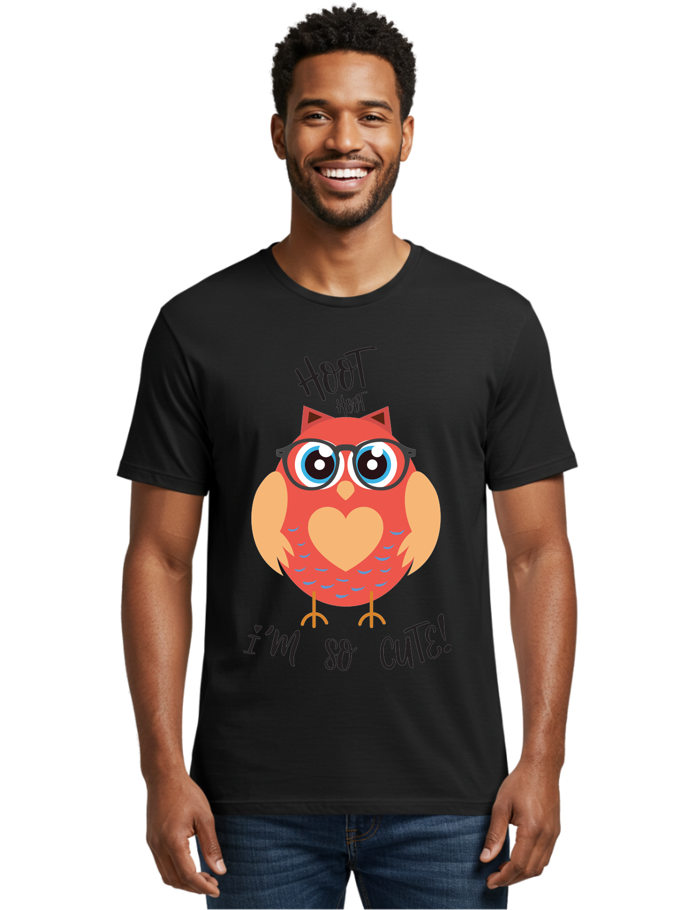 Hoot-Hoot-Owl Men'S Graphic Tee, 100% Cotton, Comfortable Casual Summer Wear, Machine Washable, Cartoon Owl, Heart-Shaped Chest, Glasses, Big Eyes, Cute Animal, Funny Illustration, Whimsical Design, Hoot Hoot, Adorable Creature, Aac827