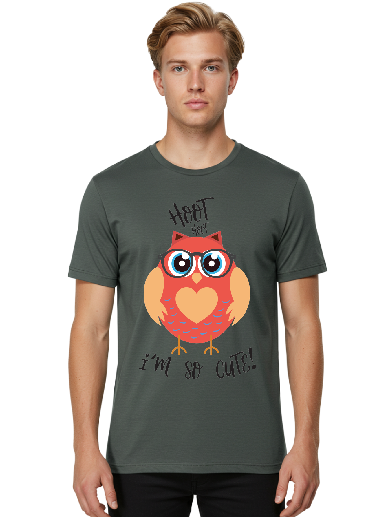 Hoot-Hoot-Owl Men'S Graphic Tee, 100% Cotton, Comfortable Casual Summer Wear, Machine Washable, Cartoon Owl, Heart-Shaped Chest, Glasses, Big Eyes, Cute Animal, Funny Illustration, Whimsical Design, Hoot Hoot, Adorable Creature, Aac827