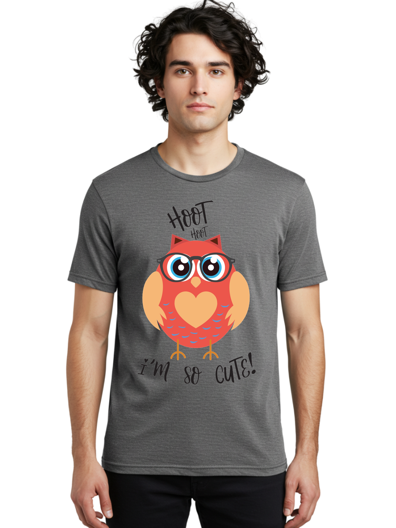 Hoot-Hoot-Owl Men'S Graphic Tee, 100% Cotton, Comfortable Casual Summer Wear, Machine Washable, Cartoon Owl, Heart-Shaped Chest, Glasses, Big Eyes, Cute Animal, Funny Illustration, Whimsical Design, Hoot Hoot, Adorable Creature, Aac827