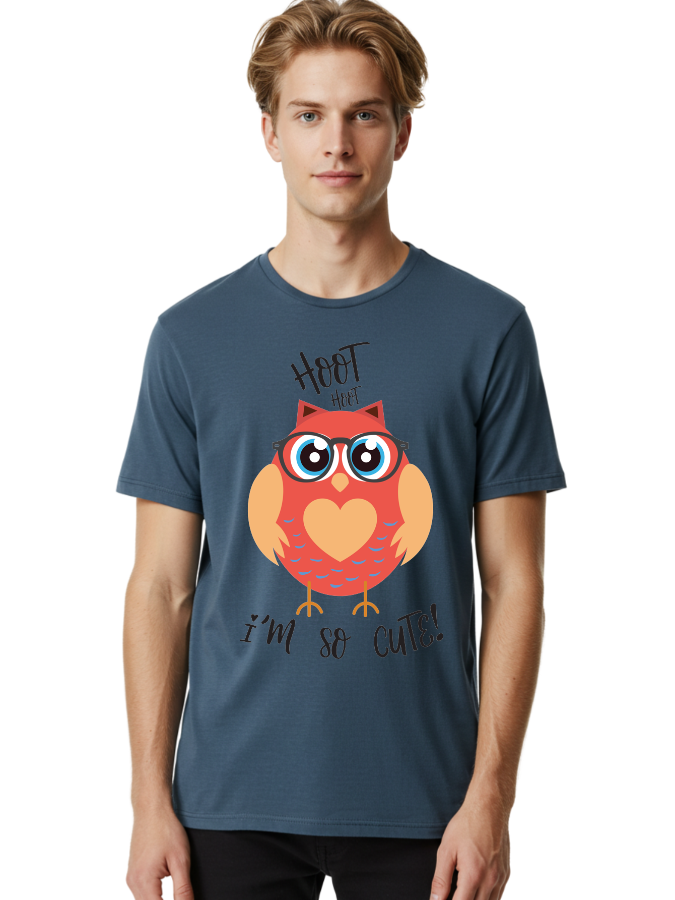 Hoot-Hoot-Owl Men'S Graphic Tee, 100% Cotton, Comfortable Casual Summer Wear, Machine Washable, Cartoon Owl, Heart-Shaped Chest, Glasses, Big Eyes, Cute Animal, Funny Illustration, Whimsical Design, Hoot Hoot, Adorable Creature, Aac827