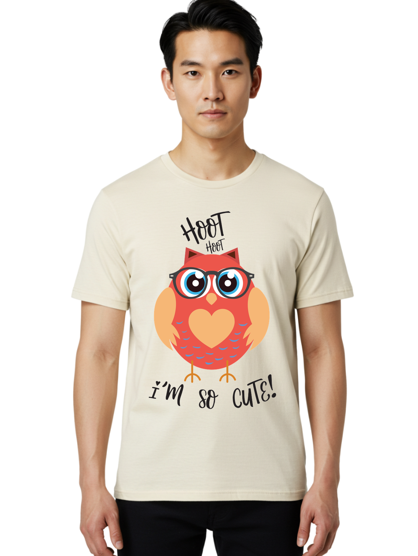 Hoot-Hoot-Owl Men'S Graphic Tee, 100% Cotton, Comfortable Casual Summer Wear, Machine Washable, Cartoon Owl, Heart-Shaped Chest, Glasses, Big Eyes, Cute Animal, Funny Illustration, Whimsical Design, Hoot Hoot, Adorable Creature, Aac827