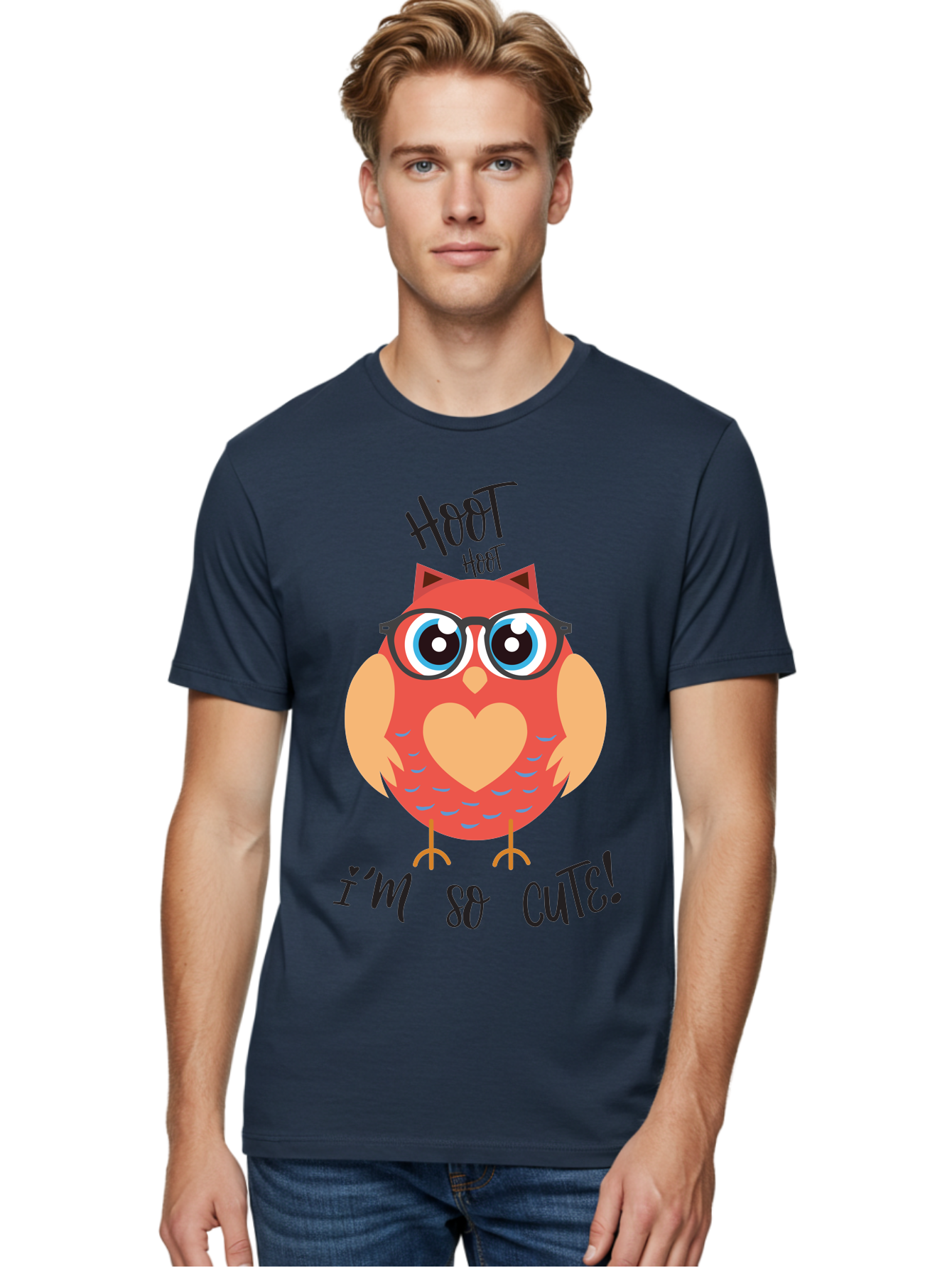 Hoot-Hoot-Owl Men'S Graphic Tee, 100% Cotton, Comfortable Casual Summer Wear, Machine Washable, Cartoon Owl, Heart-Shaped Chest, Glasses, Big Eyes, Cute Animal, Funny Illustration, Whimsical Design, Hoot Hoot, Adorable Creature, Aac827