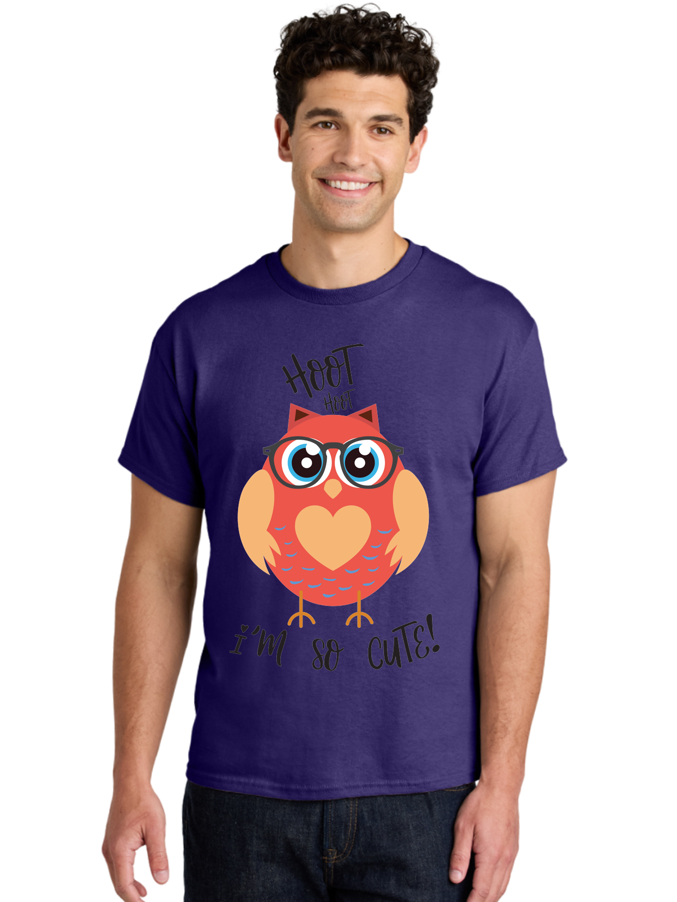 Hoot-Hoot-Owl Men'S Graphic Tee, 100% Cotton, Comfortable Casual Summer Wear, Machine Washable, Cartoon Owl, Heart-Shaped Chest, Glasses, Big Eyes, Cute Animal, Funny Illustration, Whimsical Design, Hoot Hoot, Adorable Creature, Aac827