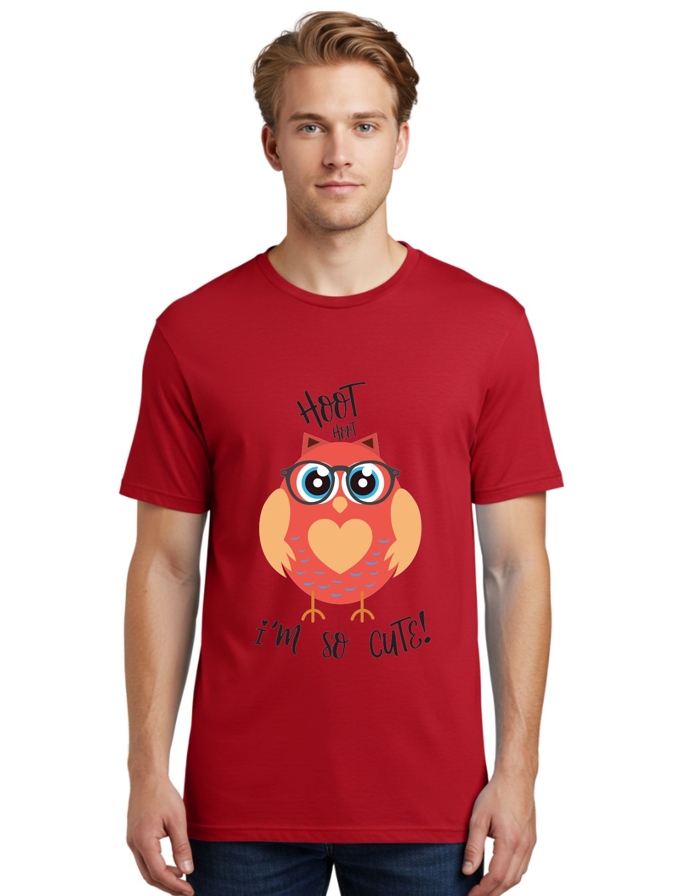 Hoot-Hoot-Owl Men'S Graphic Tee, 100% Cotton, Comfortable Casual Summer Wear, Machine Washable, Cartoon Owl, Heart-Shaped Chest, Glasses, Big Eyes, Cute Animal, Funny Illustration, Whimsical Design, Hoot Hoot, Adorable Creature, Aac827