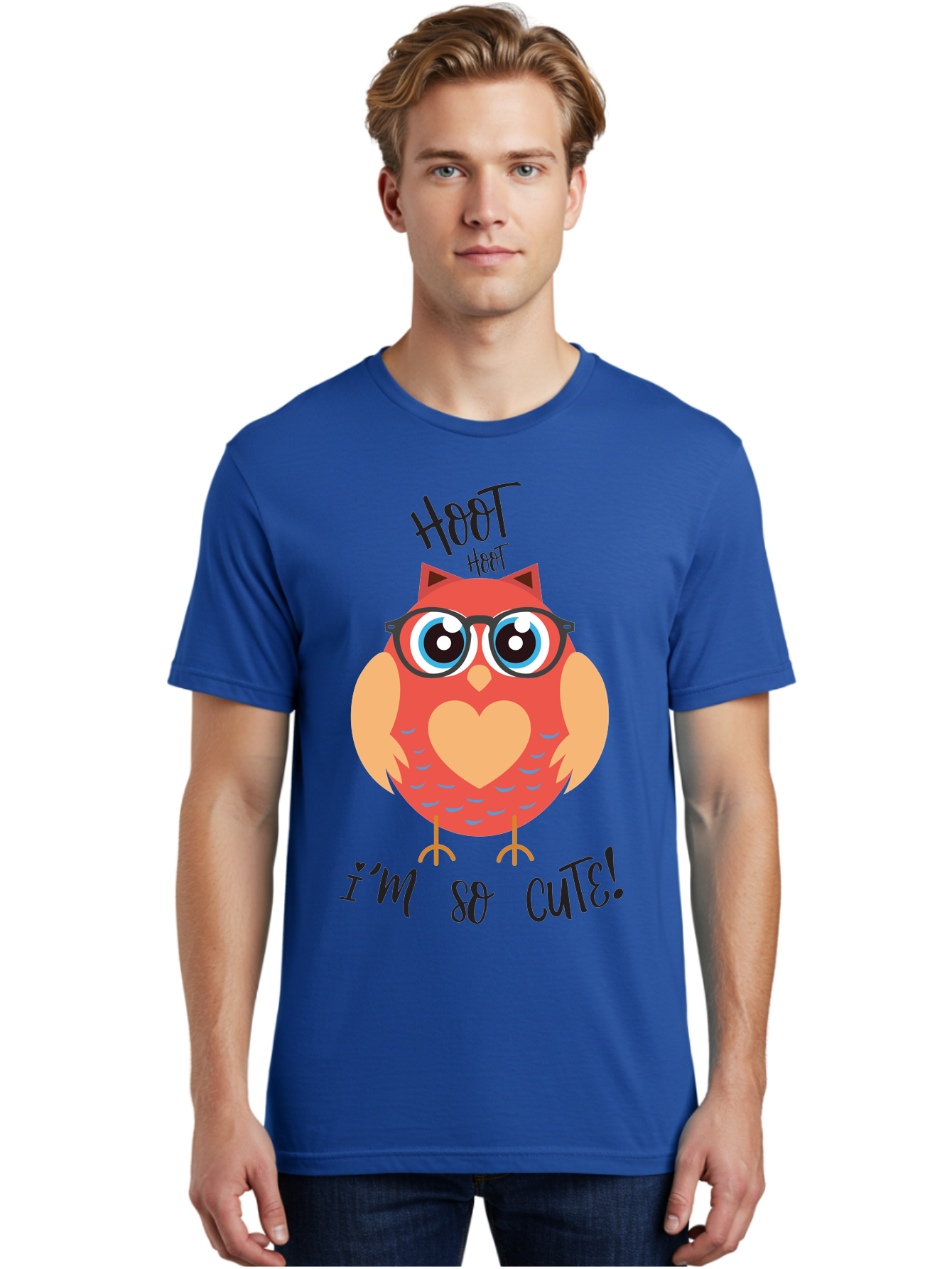 Hoot-Hoot-Owl Men'S Graphic Tee, 100% Cotton, Comfortable Casual Summer Wear, Machine Washable, Cartoon Owl, Heart-Shaped Chest, Glasses, Big Eyes, Cute Animal, Funny Illustration, Whimsical Design, Hoot Hoot, Adorable Creature, Aac827