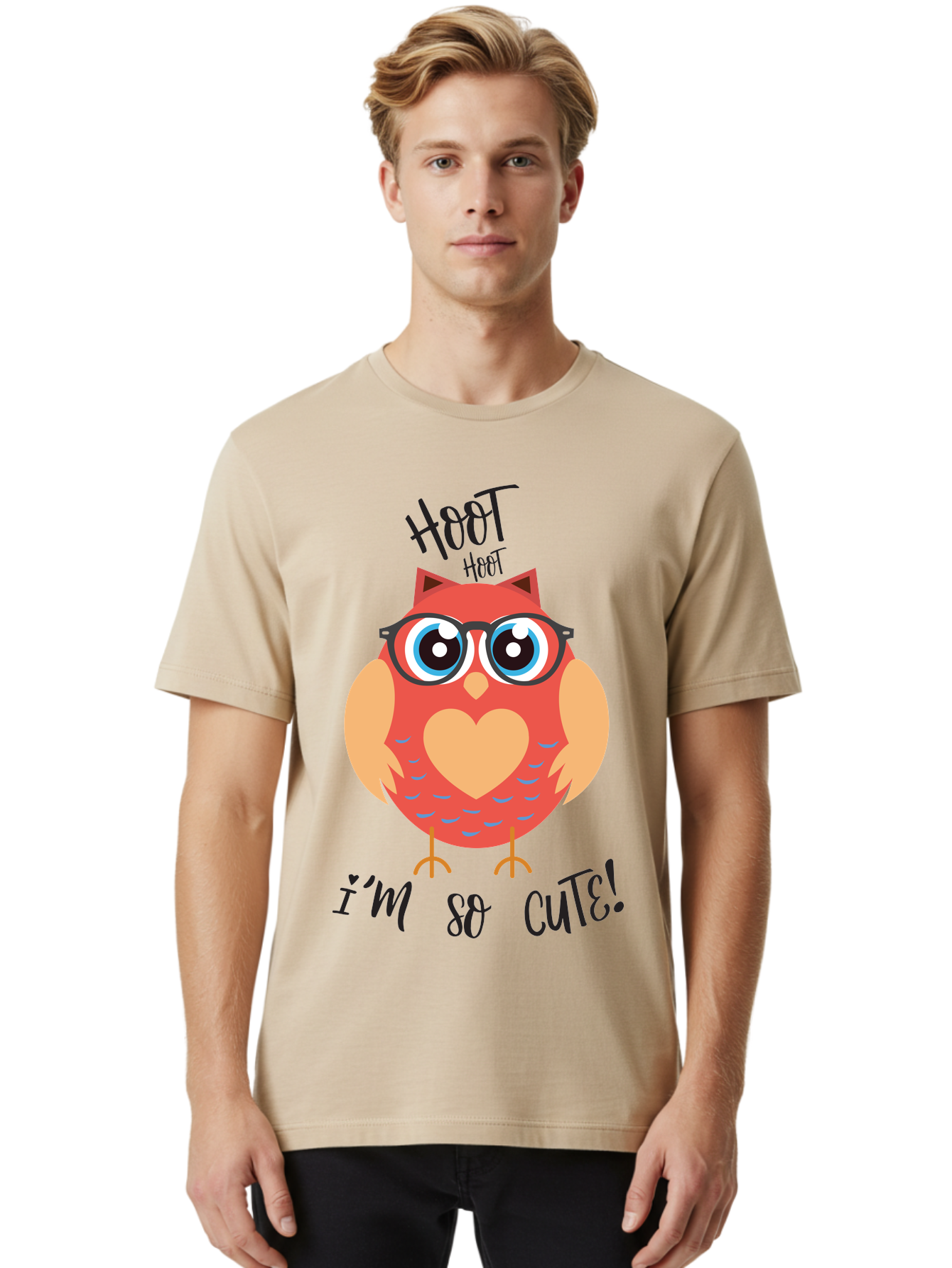 Hoot-Hoot-Owl Men'S Graphic Tee, 100% Cotton, Comfortable Casual Summer Wear, Machine Washable, Cartoon Owl, Heart-Shaped Chest, Glasses, Big Eyes, Cute Animal, Funny Illustration, Whimsical Design, Hoot Hoot, Adorable Creature, Aac827
