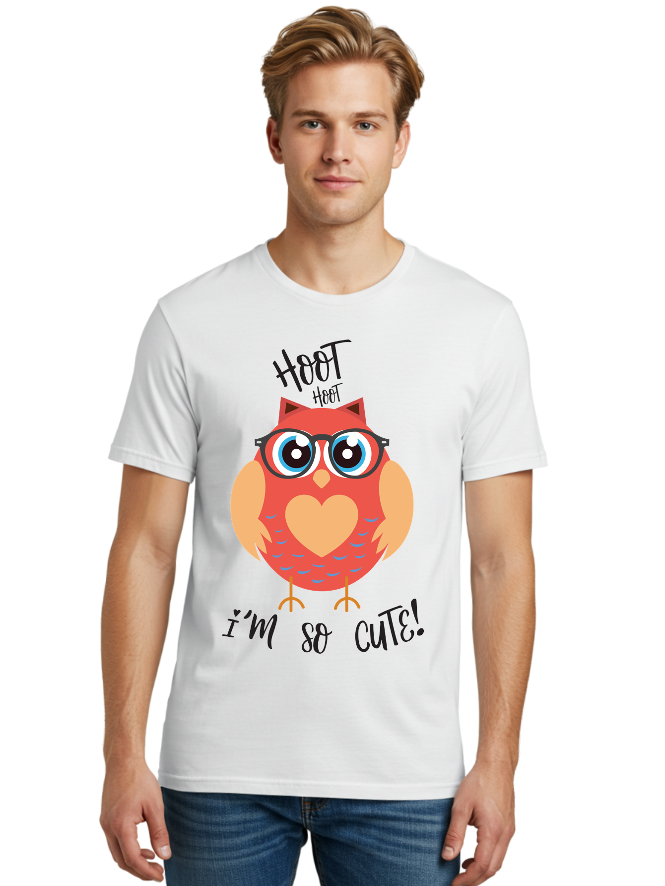 Hoot-Hoot-Owl Men'S Graphic Tee, 100% Cotton, Comfortable Casual Summer Wear, Machine Washable, Cartoon Owl, Heart-Shaped Chest, Glasses, Big Eyes, Cute Animal, Funny Illustration, Whimsical Design, Hoot Hoot, Adorable Creature, Aac827