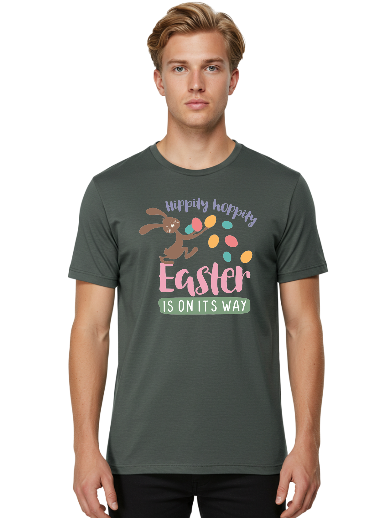 Hoppily-Hopping-Easter Men'S Graphic Tee, 100% Cotton, Comfortable Casual Summer Wear, Machine Washable, Easter Bunny, Easter Eggs, Colorful Eggs, Spring Holiday, Festive Graphics, Happy Easter, Hippidy Hoppity Aac829