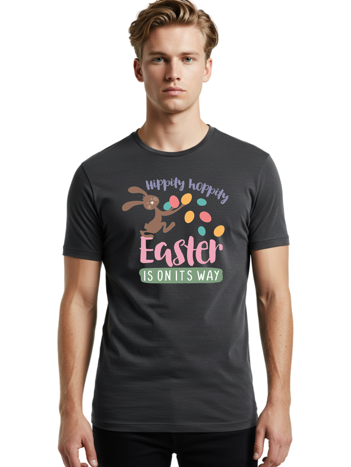 Hoppily-Hopping-Easter Men'S Graphic Tee, 100% Cotton, Comfortable Casual Summer Wear, Machine Washable, Easter Bunny, Easter Eggs, Colorful Eggs, Spring Holiday, Festive Graphics, Happy Easter, Hippidy Hoppity Aac829