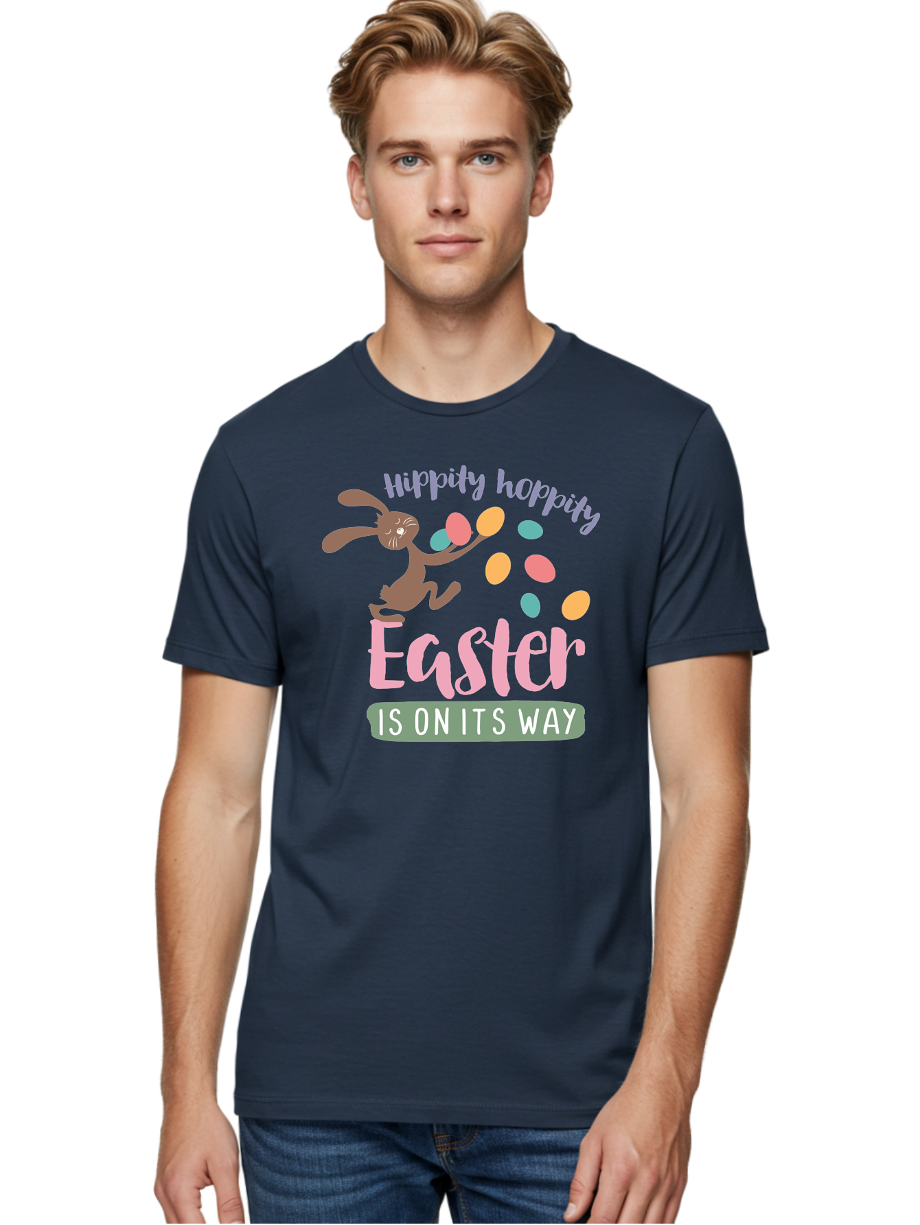 Hoppily-Hopping-Easter Men'S Graphic Tee, 100% Cotton, Comfortable Casual Summer Wear, Machine Washable, Easter Bunny, Easter Eggs, Colorful Eggs, Spring Holiday, Festive Graphics, Happy Easter, Hippidy Hoppity Aac829