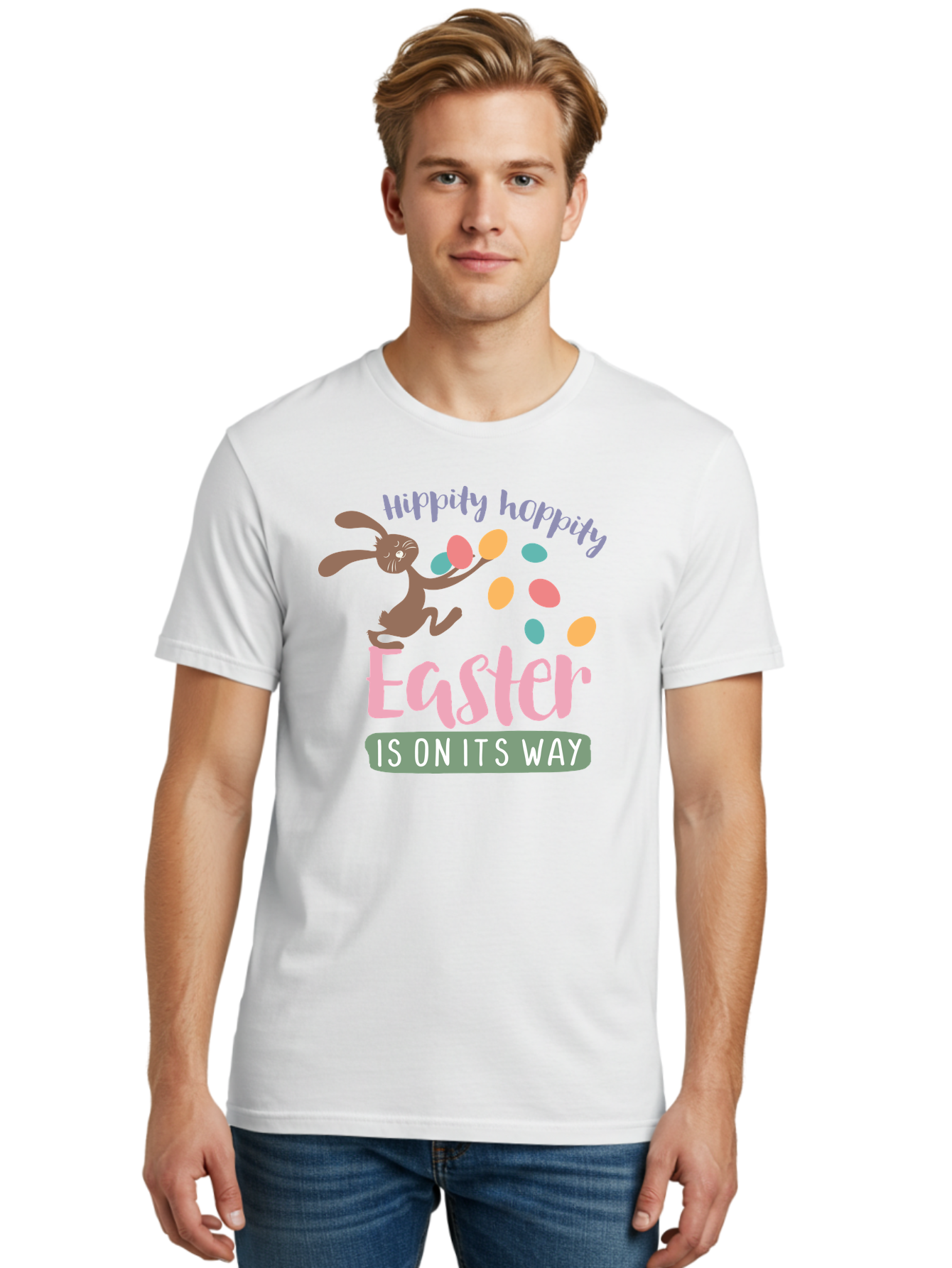 Hoppily-Hopping-Easter Men'S Graphic Tee, 100% Cotton, Comfortable Casual Summer Wear, Machine Washable, Easter Bunny, Easter Eggs, Colorful Eggs, Spring Holiday, Festive Graphics, Happy Easter, Hippidy Hoppity Aac829