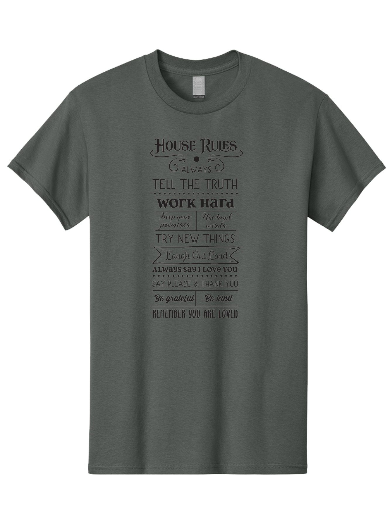 House-Rules-2 Men'S Graphic Tee, 100% Cotton, Comfortable Casual Summer Wear, Machine Washable, Positive Affirmations, House Rules, Inspirational Quotes, Motivational Phrases, Be Kind, Be Grateful, Tell The Truth, Work Hard, Keep Promises, Aac831