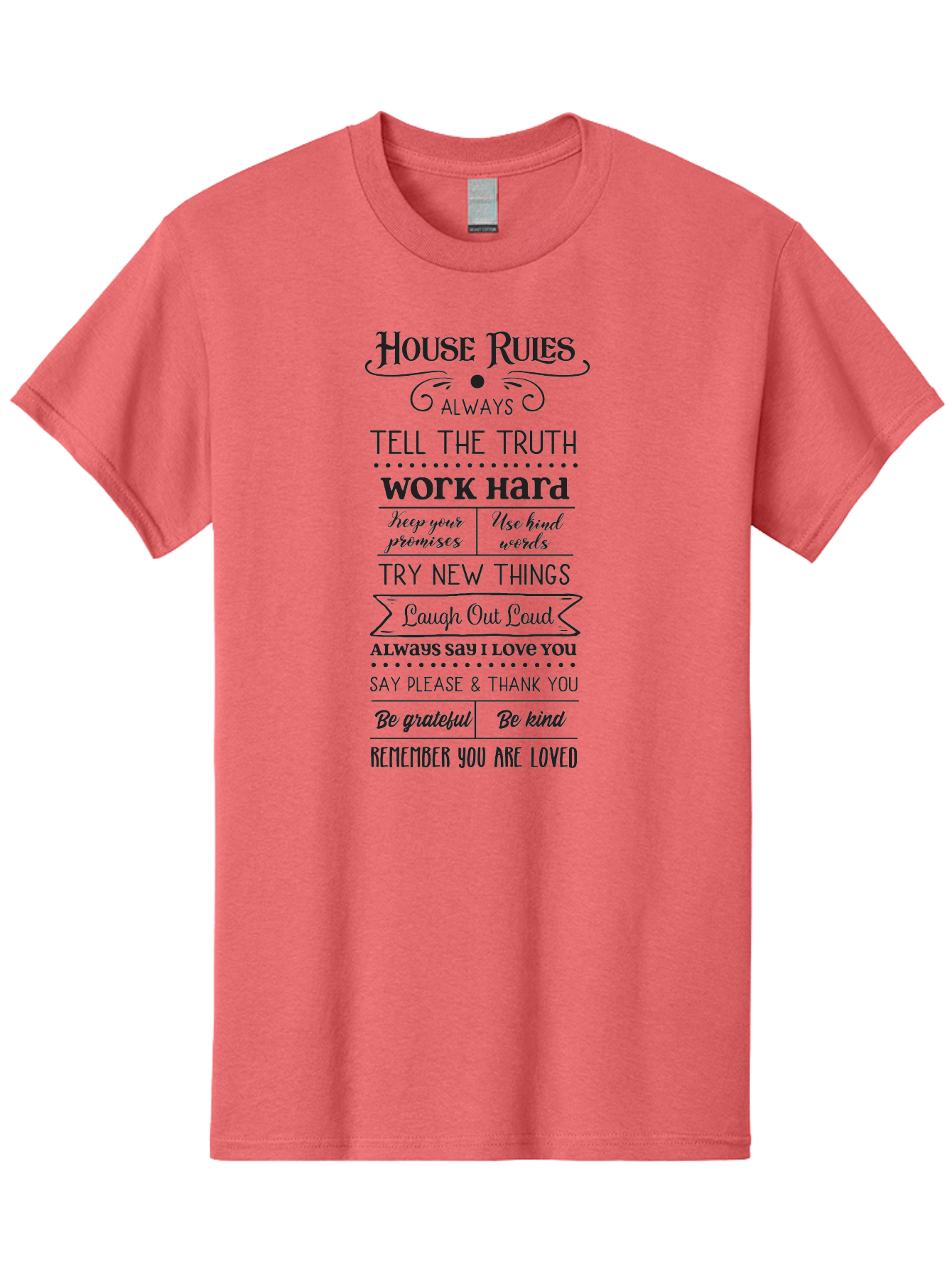 House-Rules-2 Men'S Graphic Tee, 100% Cotton, Comfortable Casual Summer Wear, Machine Washable, Positive Affirmations, House Rules, Inspirational Quotes, Motivational Phrases, Be Kind, Be Grateful, Tell The Truth, Work Hard, Keep Promises, Aac831