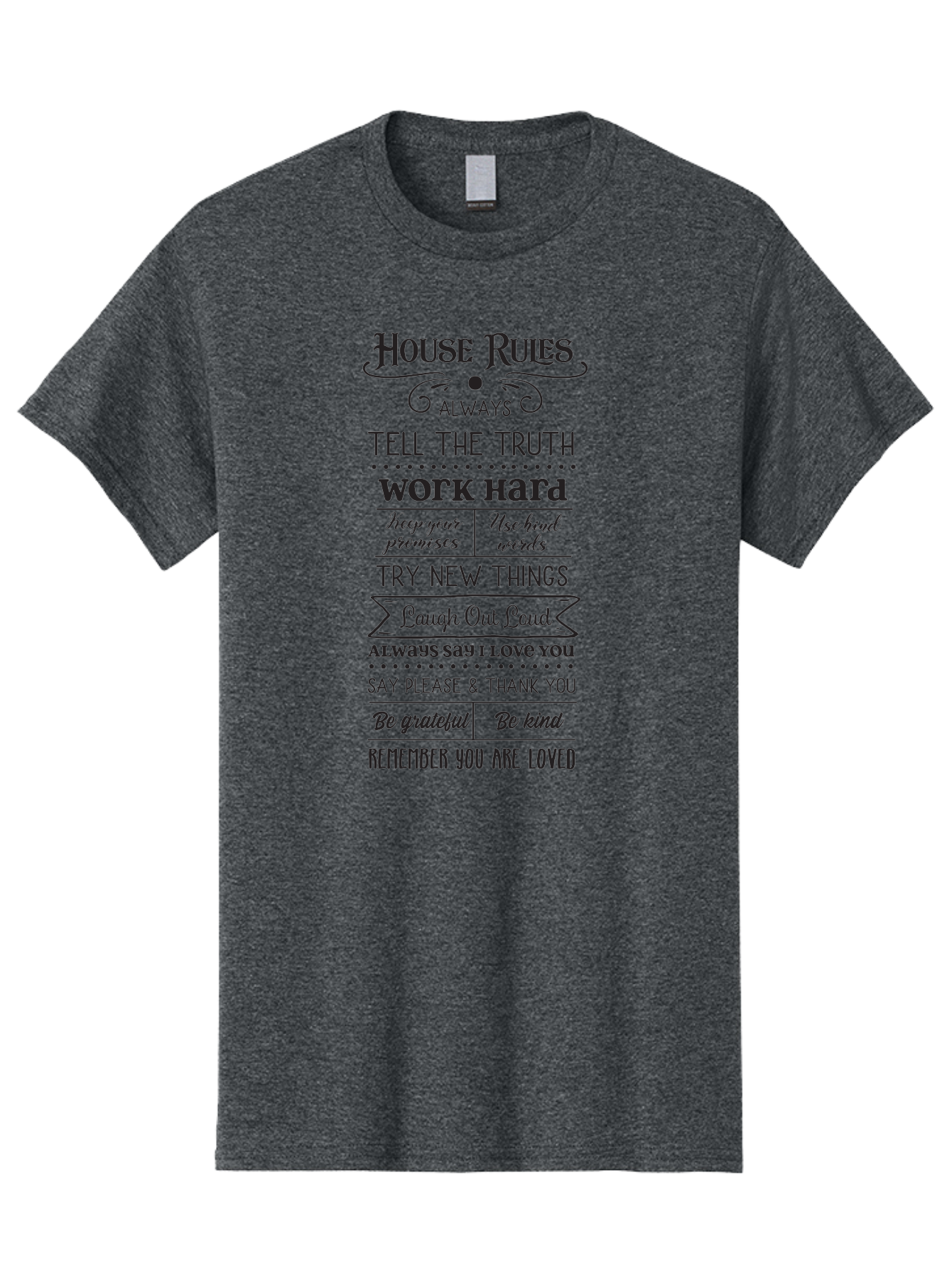 House-Rules-2 Men'S Graphic Tee, 100% Cotton, Comfortable Casual Summer Wear, Machine Washable, Positive Affirmations, House Rules, Inspirational Quotes, Motivational Phrases, Be Kind, Be Grateful, Tell The Truth, Work Hard, Keep Promises, Aac831