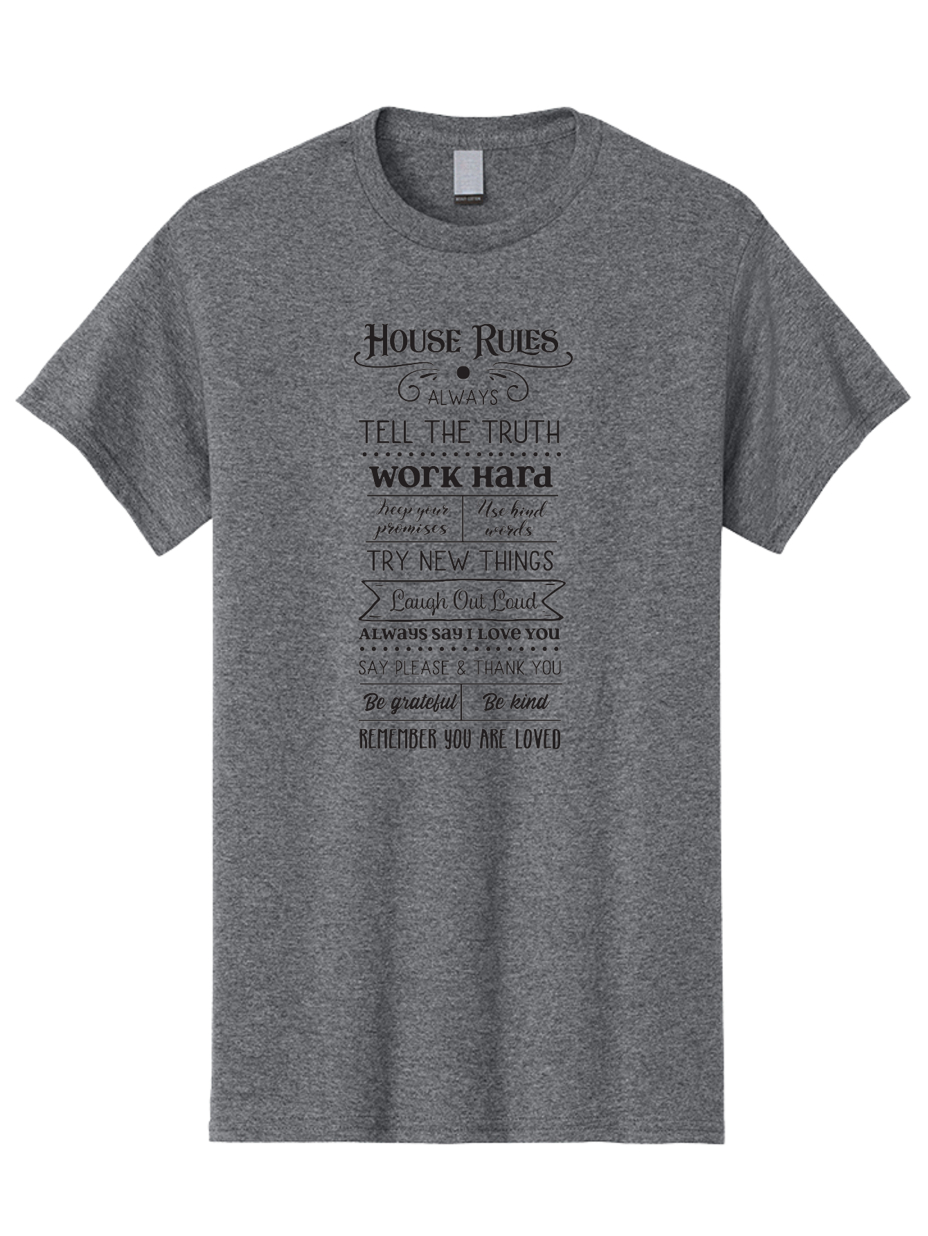 House-Rules-2 Men'S Graphic Tee, 100% Cotton, Comfortable Casual Summer Wear, Machine Washable, Positive Affirmations, House Rules, Inspirational Quotes, Motivational Phrases, Be Kind, Be Grateful, Tell The Truth, Work Hard, Keep Promises, Aac831