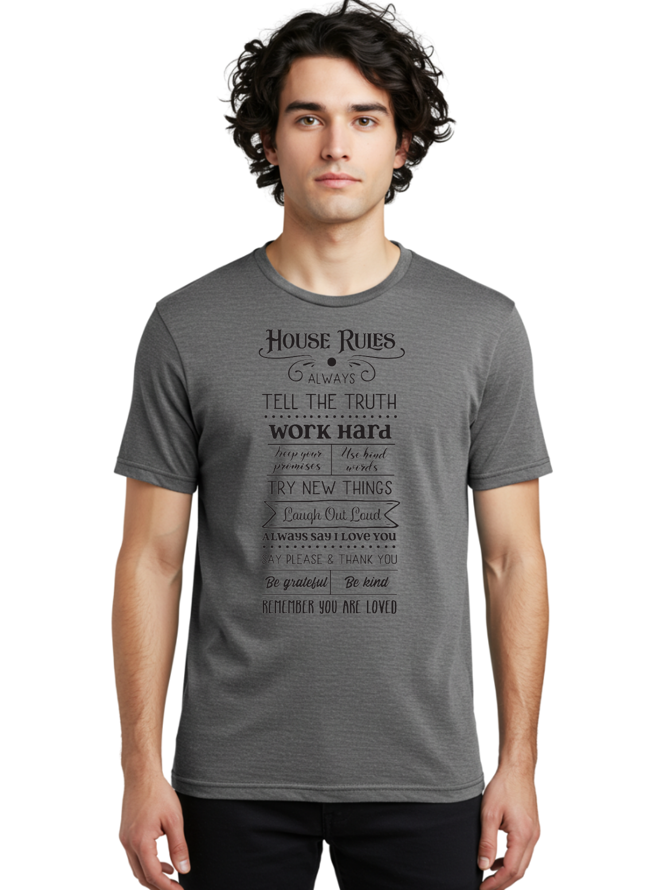 House-Rules-2 Men'S Graphic Tee, 100% Cotton, Comfortable Casual Summer Wear, Machine Washable, Positive Affirmations, House Rules, Inspirational Quotes, Motivational Phrases, Be Kind, Be Grateful, Tell The Truth, Work Hard, Keep Promises, Aac831