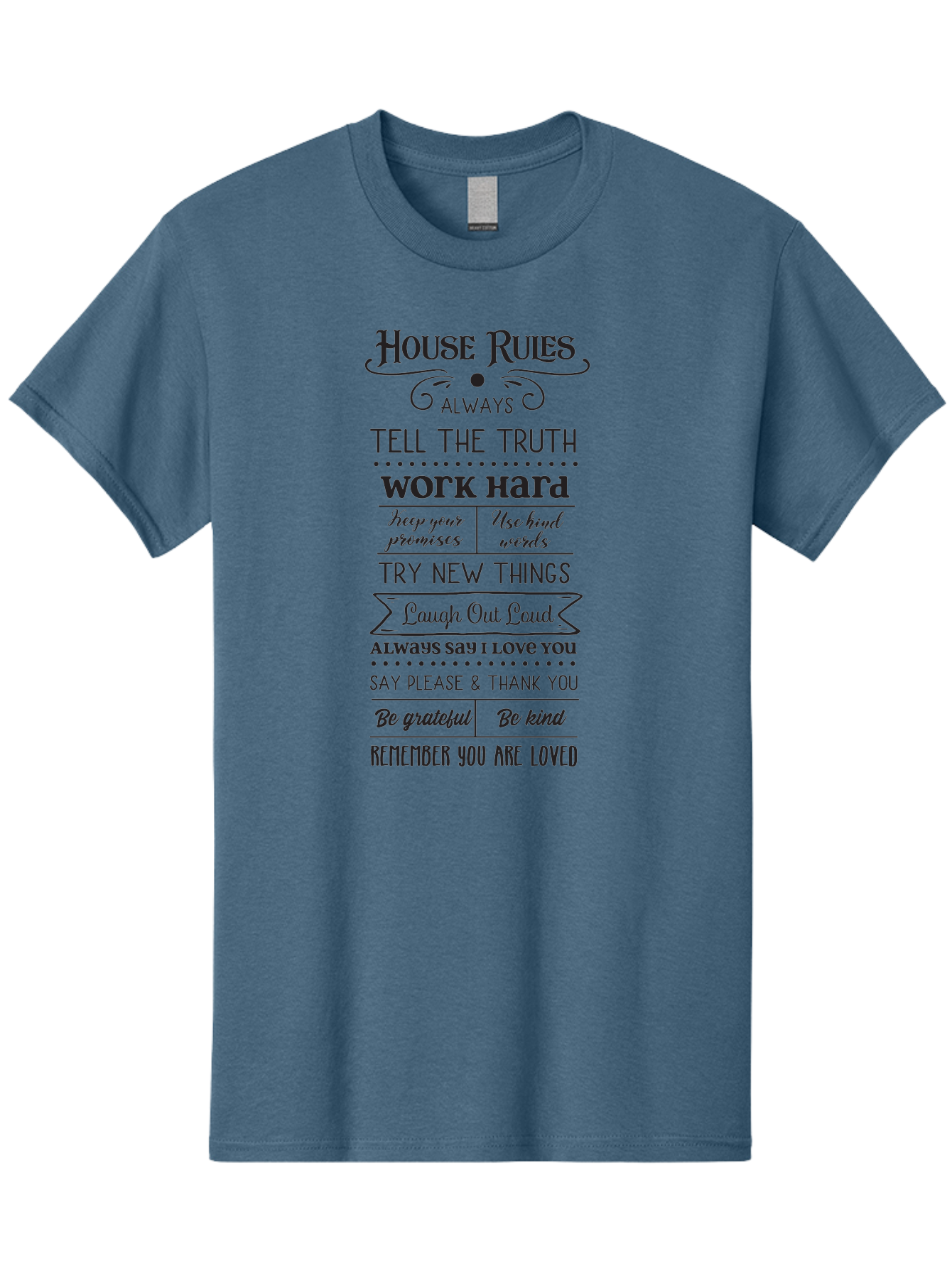 House-Rules-2 Men'S Graphic Tee, 100% Cotton, Comfortable Casual Summer Wear, Machine Washable, Positive Affirmations, House Rules, Inspirational Quotes, Motivational Phrases, Be Kind, Be Grateful, Tell The Truth, Work Hard, Keep Promises, Aac831