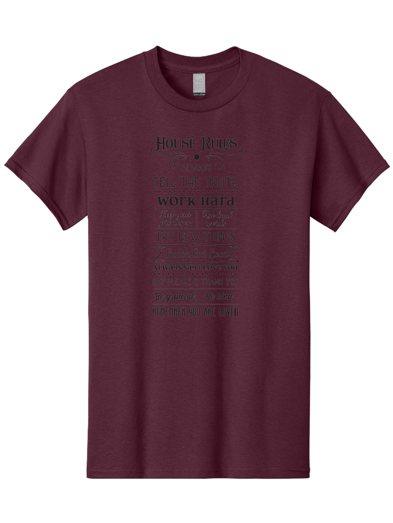 House-Rules-2 Men'S Graphic Tee, 100% Cotton, Comfortable Casual Summer Wear, Machine Washable, Positive Affirmations, House Rules, Inspirational Quotes, Motivational Phrases, Be Kind, Be Grateful, Tell The Truth, Work Hard, Keep Promises, Aac831