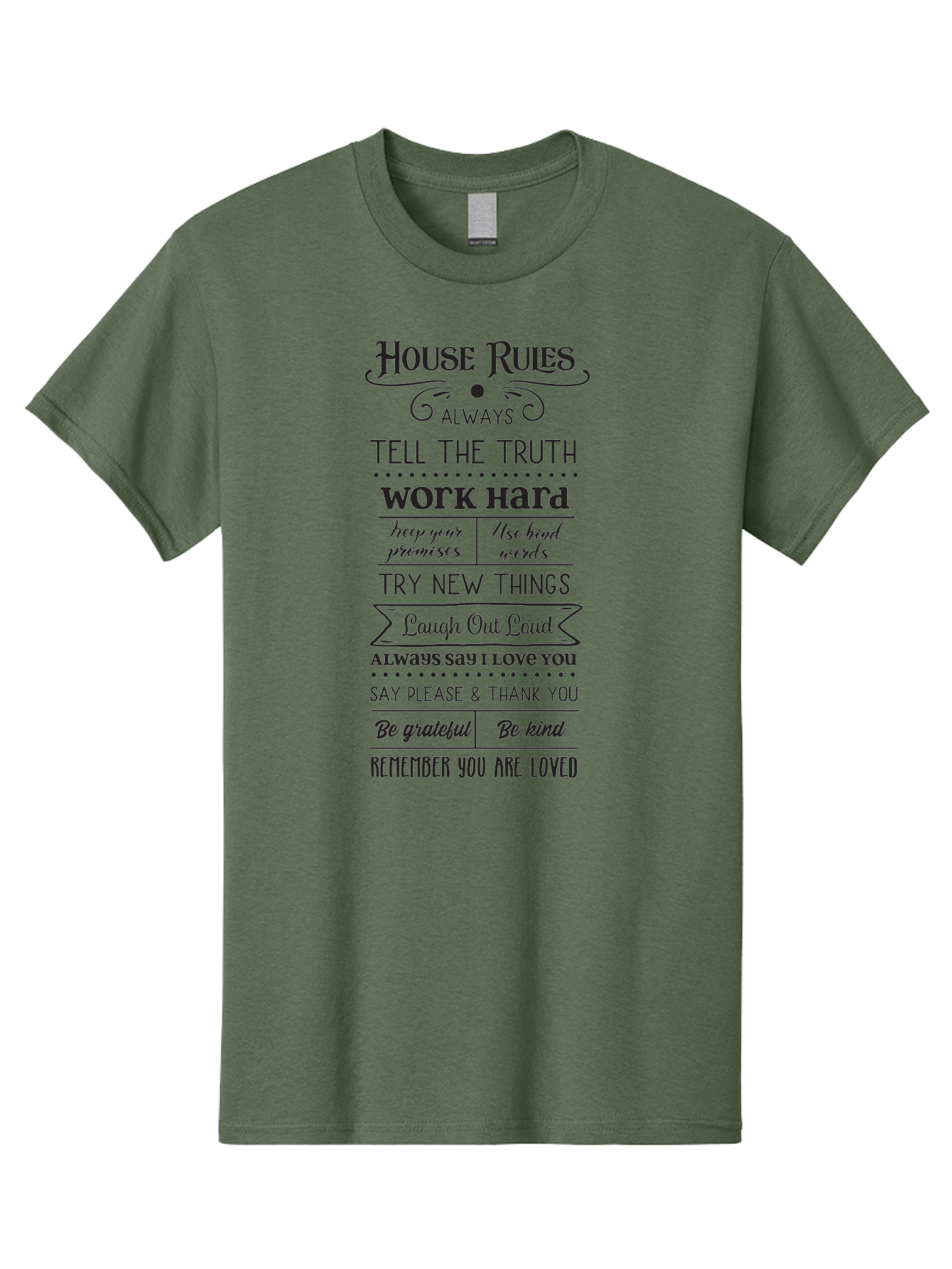 House-Rules-2 Men'S Graphic Tee, 100% Cotton, Comfortable Casual Summer Wear, Machine Washable, Positive Affirmations, House Rules, Inspirational Quotes, Motivational Phrases, Be Kind, Be Grateful, Tell The Truth, Work Hard, Keep Promises, Aac831