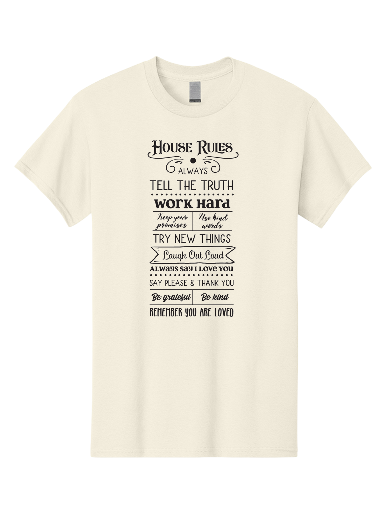 House-Rules-2 Men'S Graphic Tee, 100% Cotton, Comfortable Casual Summer Wear, Machine Washable, Positive Affirmations, House Rules, Inspirational Quotes, Motivational Phrases, Be Kind, Be Grateful, Tell The Truth, Work Hard, Keep Promises, Aac831