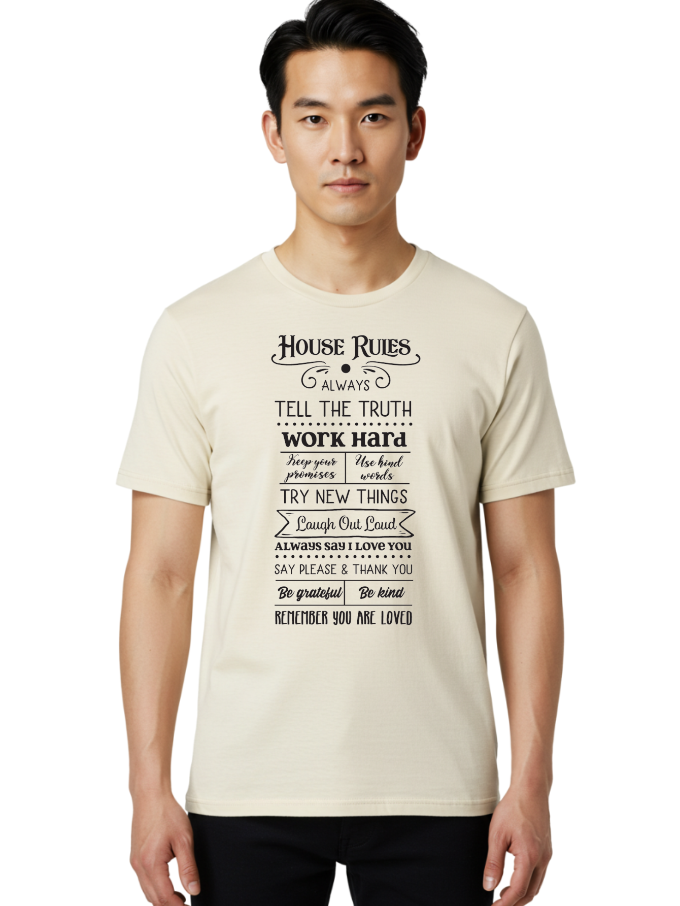 House-Rules-2 Men'S Graphic Tee, 100% Cotton, Comfortable Casual Summer Wear, Machine Washable, Positive Affirmations, House Rules, Inspirational Quotes, Motivational Phrases, Be Kind, Be Grateful, Tell The Truth, Work Hard, Keep Promises, Aac831