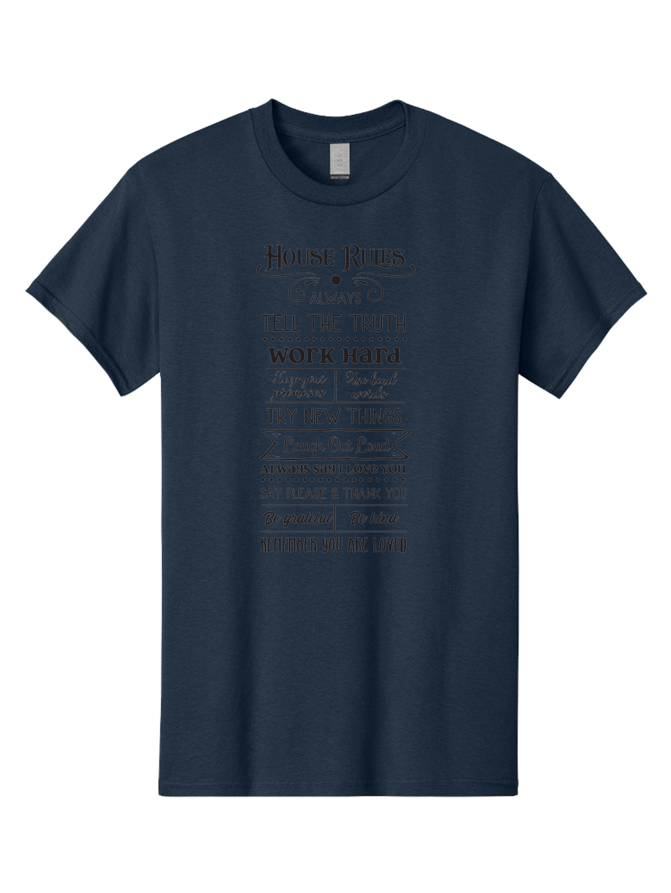 House-Rules-2 Men'S Graphic Tee, 100% Cotton, Comfortable Casual Summer Wear, Machine Washable, Positive Affirmations, House Rules, Inspirational Quotes, Motivational Phrases, Be Kind, Be Grateful, Tell The Truth, Work Hard, Keep Promises, Aac831