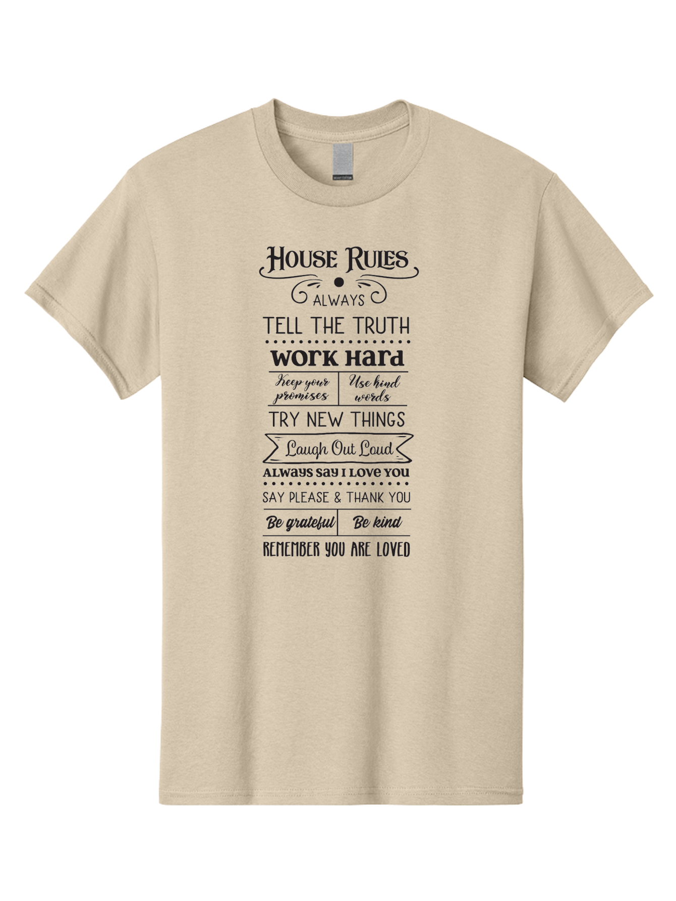 House-Rules-2 Men'S Graphic Tee, 100% Cotton, Comfortable Casual Summer Wear, Machine Washable, Positive Affirmations, House Rules, Inspirational Quotes, Motivational Phrases, Be Kind, Be Grateful, Tell The Truth, Work Hard, Keep Promises, Aac831