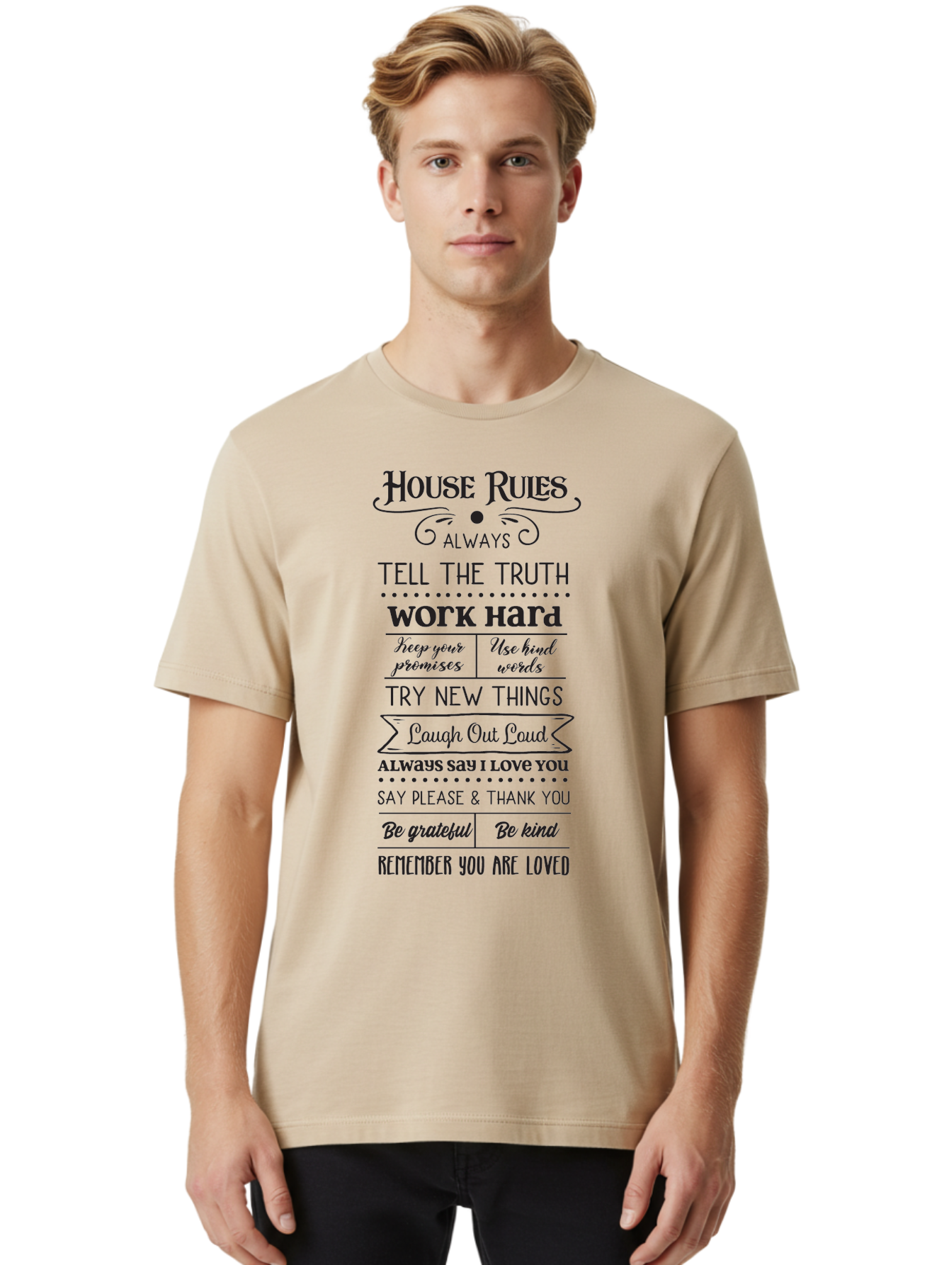House-Rules-2 Men'S Graphic Tee, 100% Cotton, Comfortable Casual Summer Wear, Machine Washable, Positive Affirmations, House Rules, Inspirational Quotes, Motivational Phrases, Be Kind, Be Grateful, Tell The Truth, Work Hard, Keep Promises, Aac831