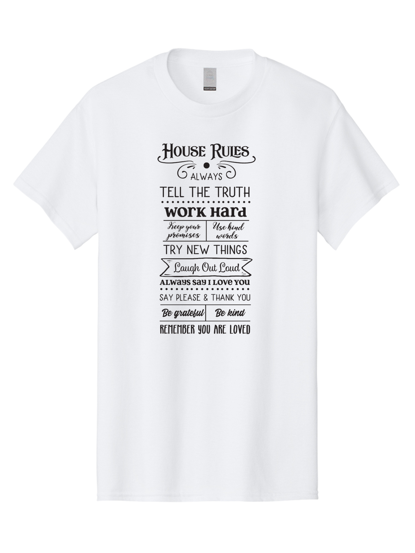 House-Rules-2 Men'S Graphic Tee, 100% Cotton, Comfortable Casual Summer Wear, Machine Washable, Positive Affirmations, House Rules, Inspirational Quotes, Motivational Phrases, Be Kind, Be Grateful, Tell The Truth, Work Hard, Keep Promises, Aac831