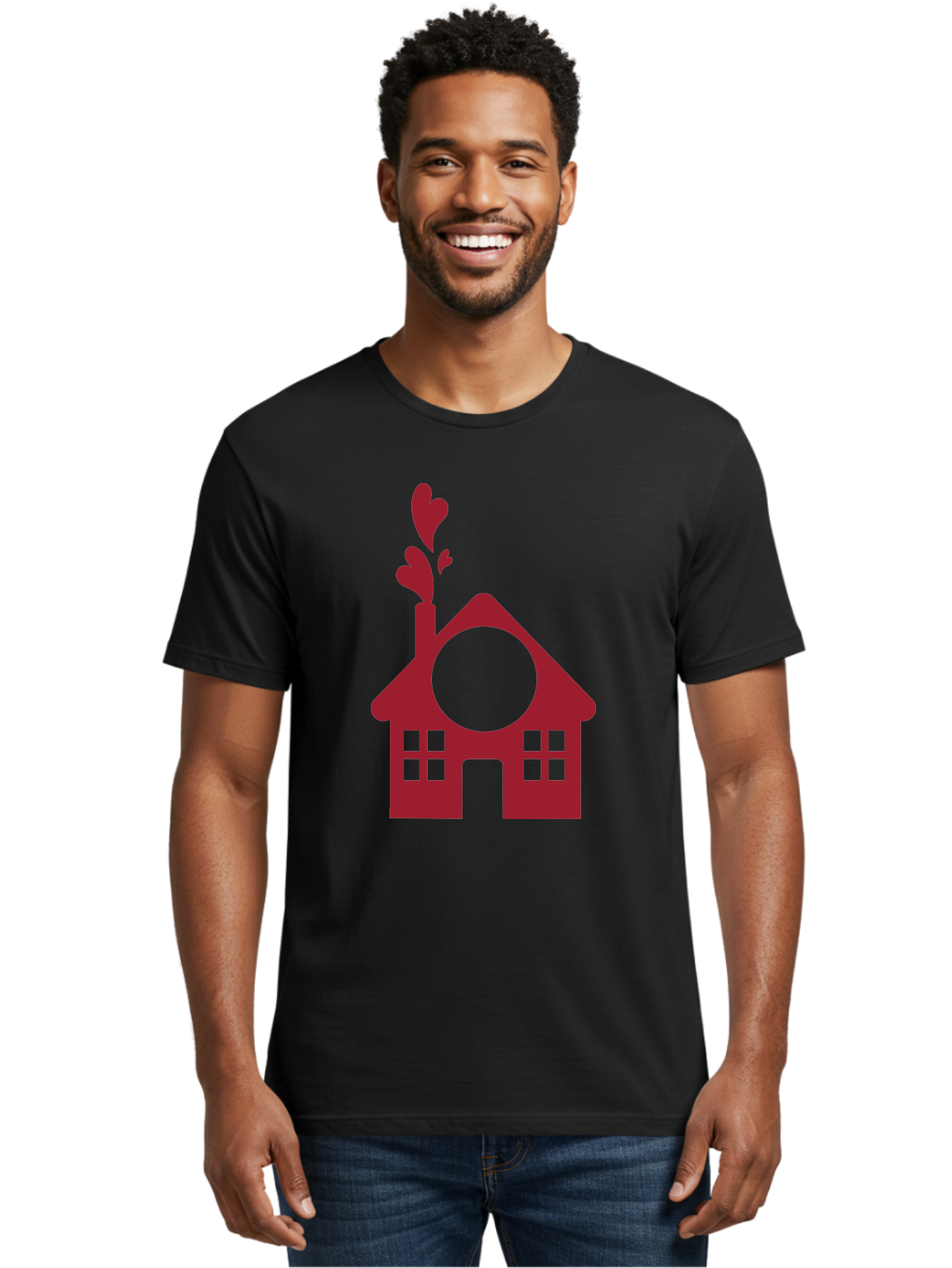 House-With-Heart-Chimney Men'S Graphic Tee, 100% Cotton, Comfortable Casual Summer Wear, Machine Washable, Stylized House, Heart-Shaped Chimney, Red Silhouette, Love Symbol, Cozy Home, Heart-Themed Decor, Minimalist Design, Aac833