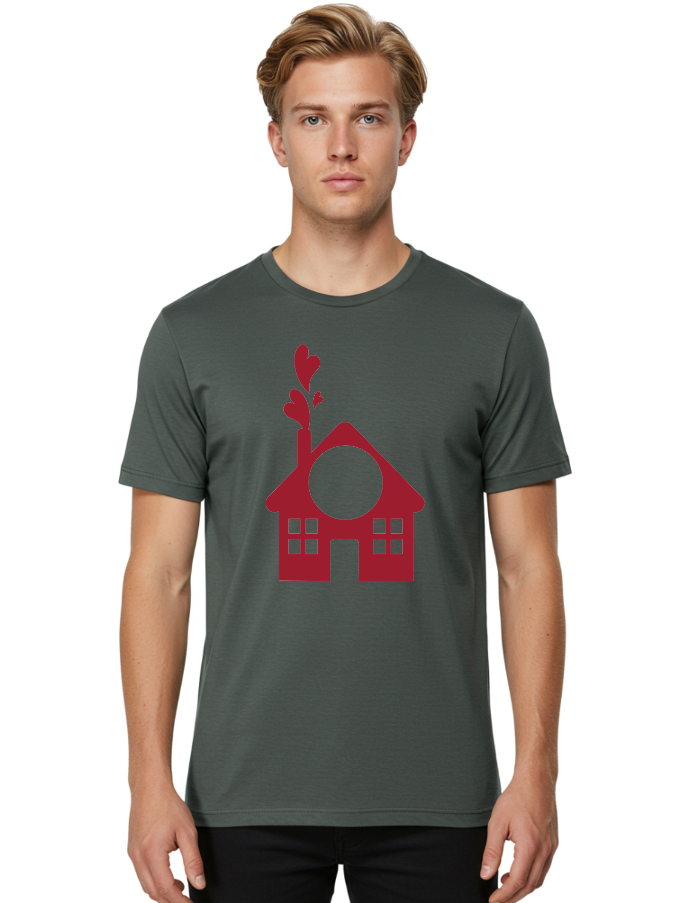 House-With-Heart-Chimney Men'S Graphic Tee, 100% Cotton, Comfortable Casual Summer Wear, Machine Washable, Stylized House, Heart-Shaped Chimney, Red Silhouette, Love Symbol, Cozy Home, Heart-Themed Decor, Minimalist Design, Aac833