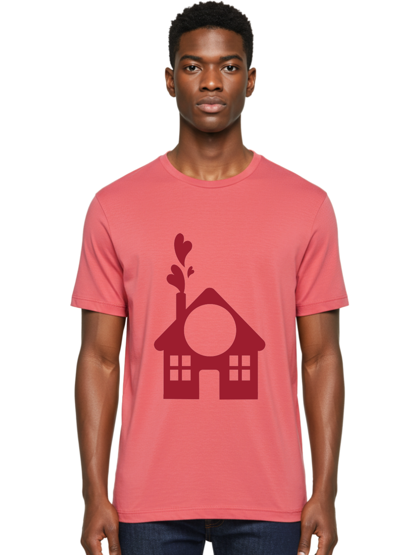 House-With-Heart-Chimney Men'S Graphic Tee, 100% Cotton, Comfortable Casual Summer Wear, Machine Washable, Stylized House, Heart-Shaped Chimney, Red Silhouette, Love Symbol, Cozy Home, Heart-Themed Decor, Minimalist Design, Aac833