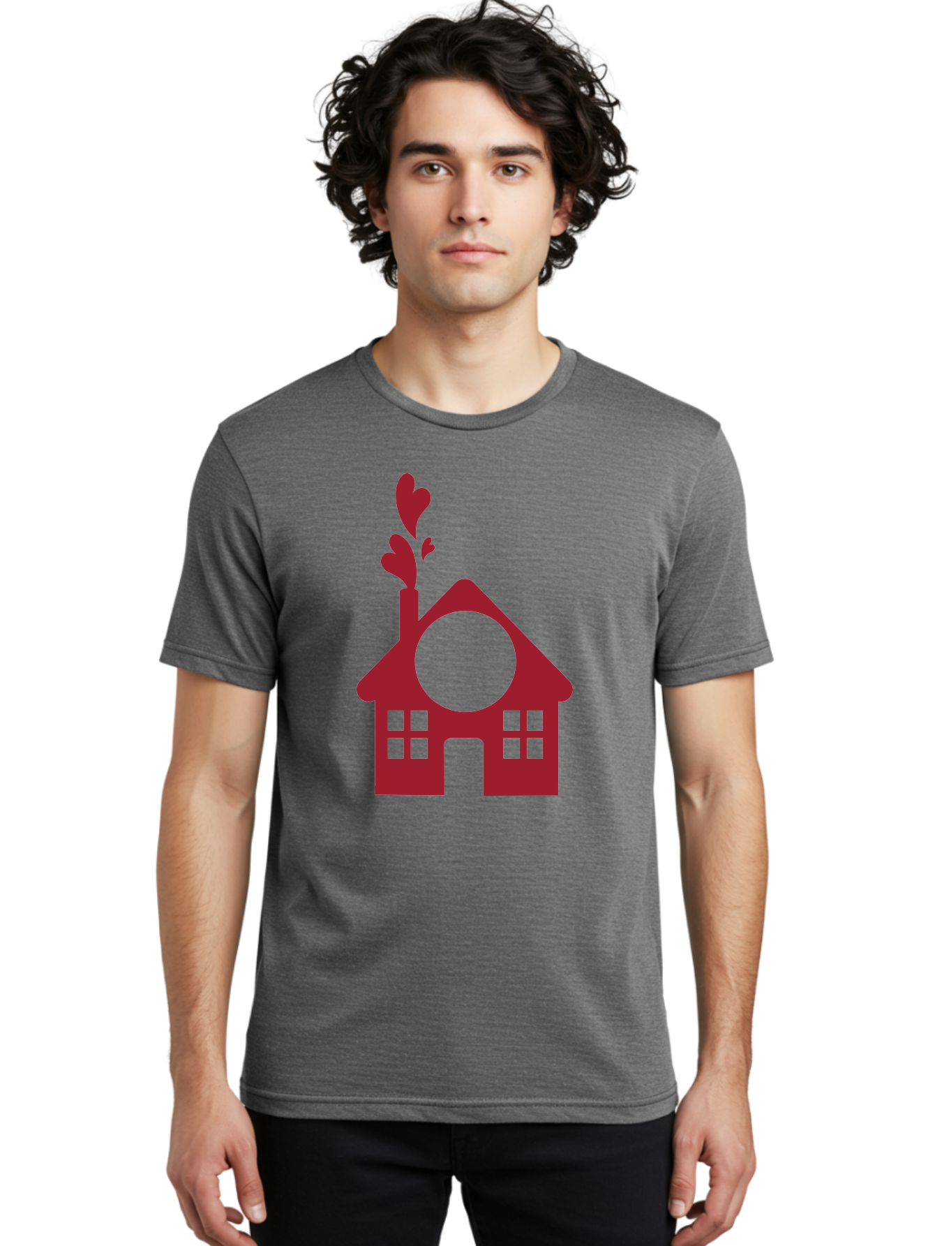 House-With-Heart-Chimney Men'S Graphic Tee, 100% Cotton, Comfortable Casual Summer Wear, Machine Washable, Stylized House, Heart-Shaped Chimney, Red Silhouette, Love Symbol, Cozy Home, Heart-Themed Decor, Minimalist Design, Aac833