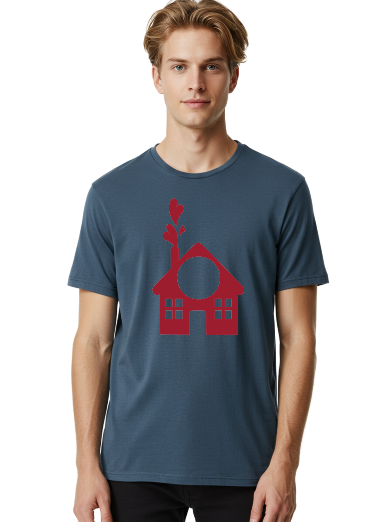 House-With-Heart-Chimney Men'S Graphic Tee, 100% Cotton, Comfortable Casual Summer Wear, Machine Washable, Stylized House, Heart-Shaped Chimney, Red Silhouette, Love Symbol, Cozy Home, Heart-Themed Decor, Minimalist Design, Aac833