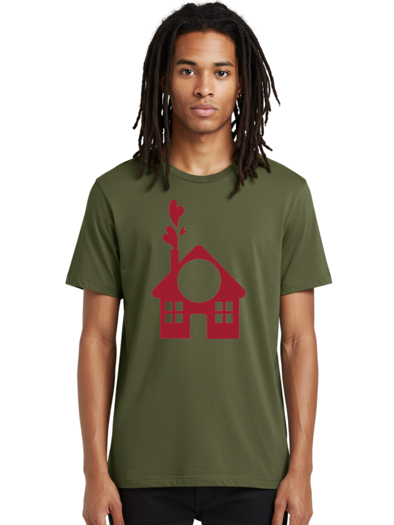 House-With-Heart-Chimney Men'S Graphic Tee, 100% Cotton, Comfortable Casual Summer Wear, Machine Washable, Stylized House, Heart-Shaped Chimney, Red Silhouette, Love Symbol, Cozy Home, Heart-Themed Decor, Minimalist Design, Aac833