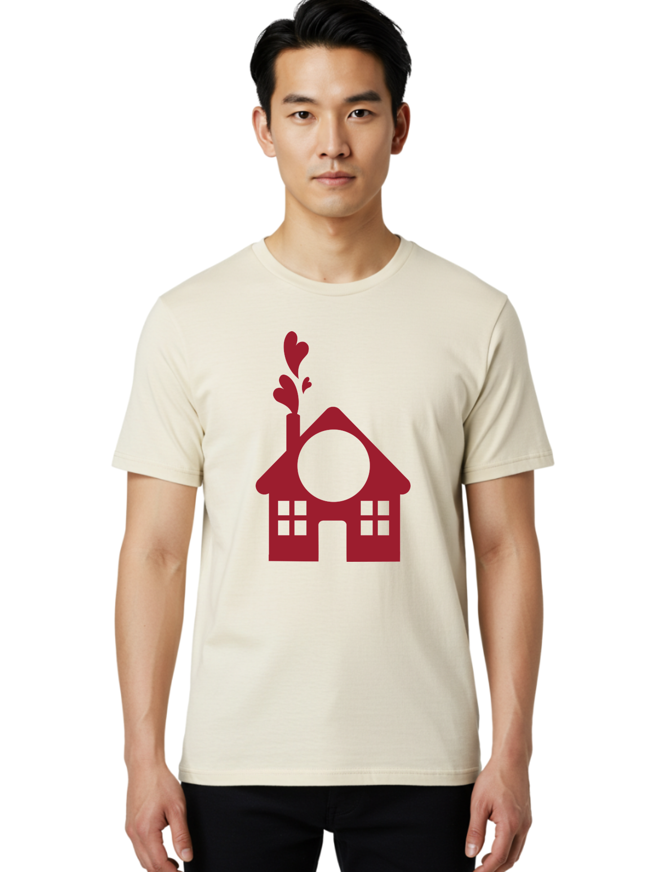 House-With-Heart-Chimney Men'S Graphic Tee, 100% Cotton, Comfortable Casual Summer Wear, Machine Washable, Stylized House, Heart-Shaped Chimney, Red Silhouette, Love Symbol, Cozy Home, Heart-Themed Decor, Minimalist Design, Aac833