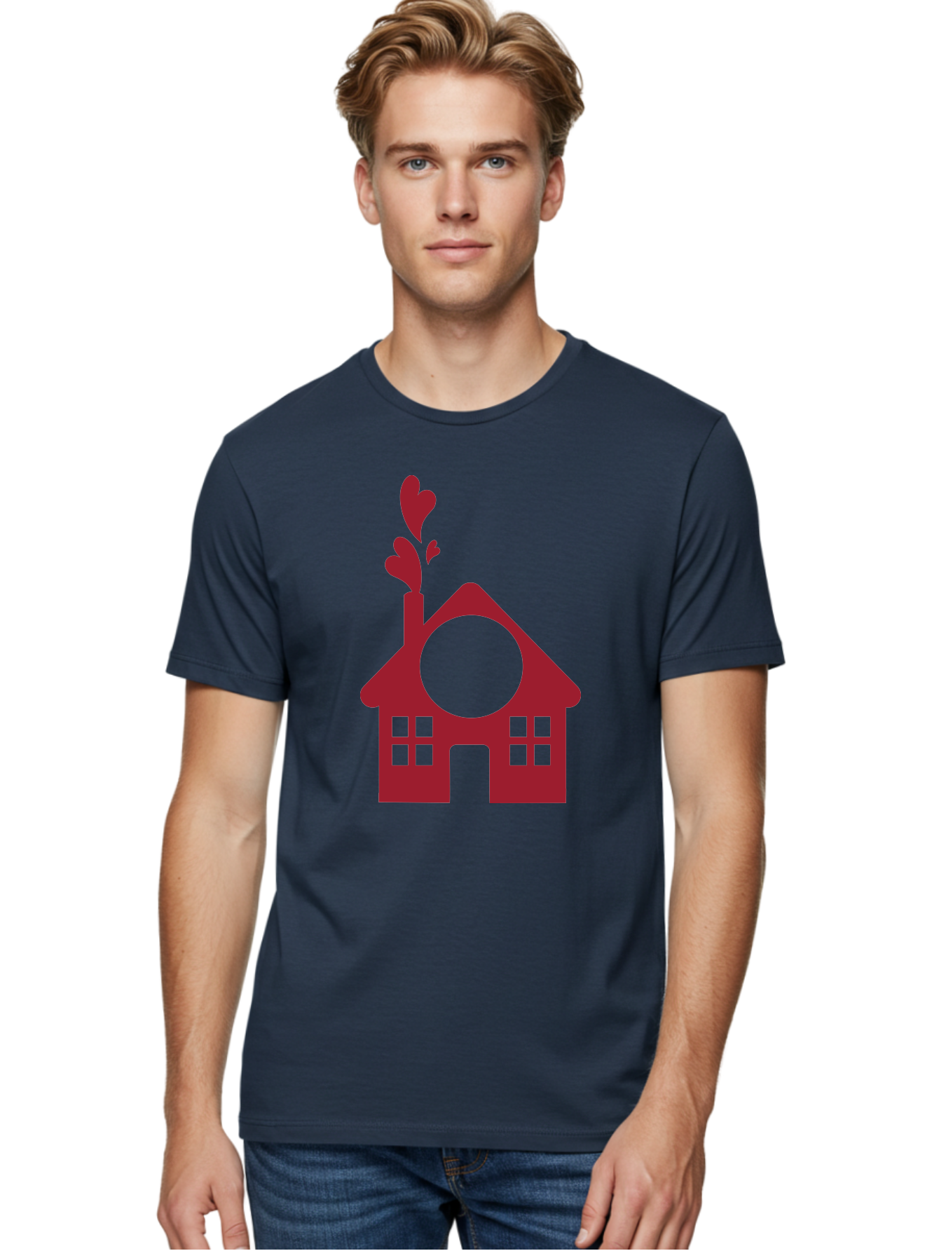 House-With-Heart-Chimney Men'S Graphic Tee, 100% Cotton, Comfortable Casual Summer Wear, Machine Washable, Stylized House, Heart-Shaped Chimney, Red Silhouette, Love Symbol, Cozy Home, Heart-Themed Decor, Minimalist Design, Aac833