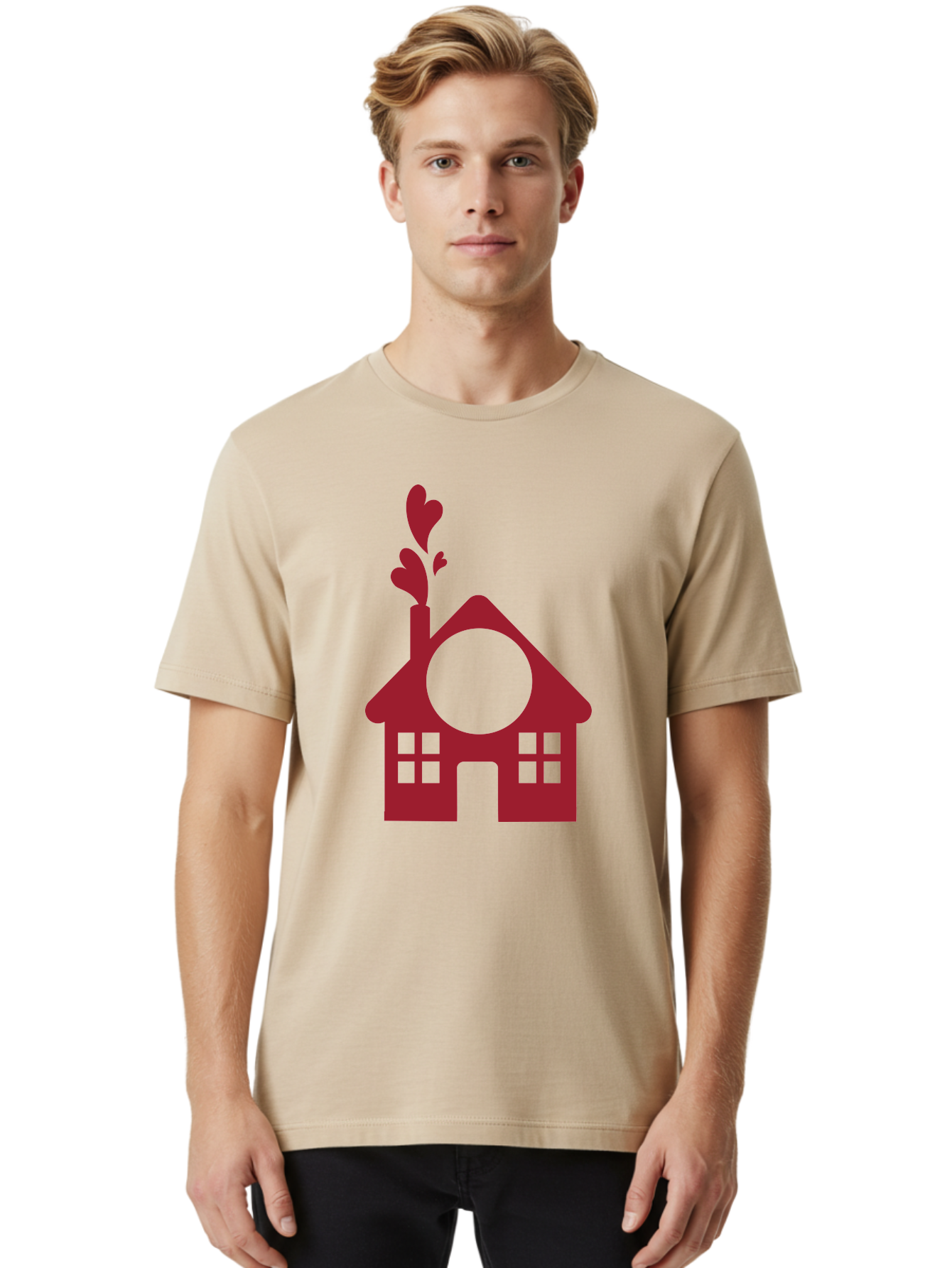 House-With-Heart-Chimney Men'S Graphic Tee, 100% Cotton, Comfortable Casual Summer Wear, Machine Washable, Stylized House, Heart-Shaped Chimney, Red Silhouette, Love Symbol, Cozy Home, Heart-Themed Decor, Minimalist Design, Aac833