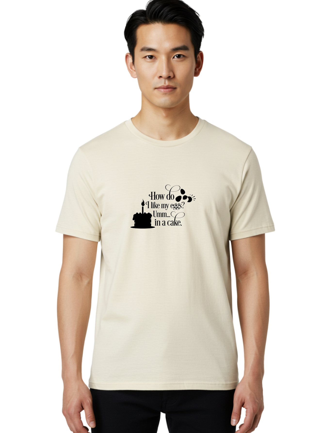 How-Do-I-Like-My-Eggs-Umm-In-A-Cake Men'S Graphic Tee, 100% Cotton, Comfortable Casual Summer Wear, Machine Washable, Humorous Quote, Funny Eggs, Cake Humor, Witty Saying, Eggs In Cake, Playful Phrase, Clever Joke, Dessert Quote, Breakfast Pun Aac835