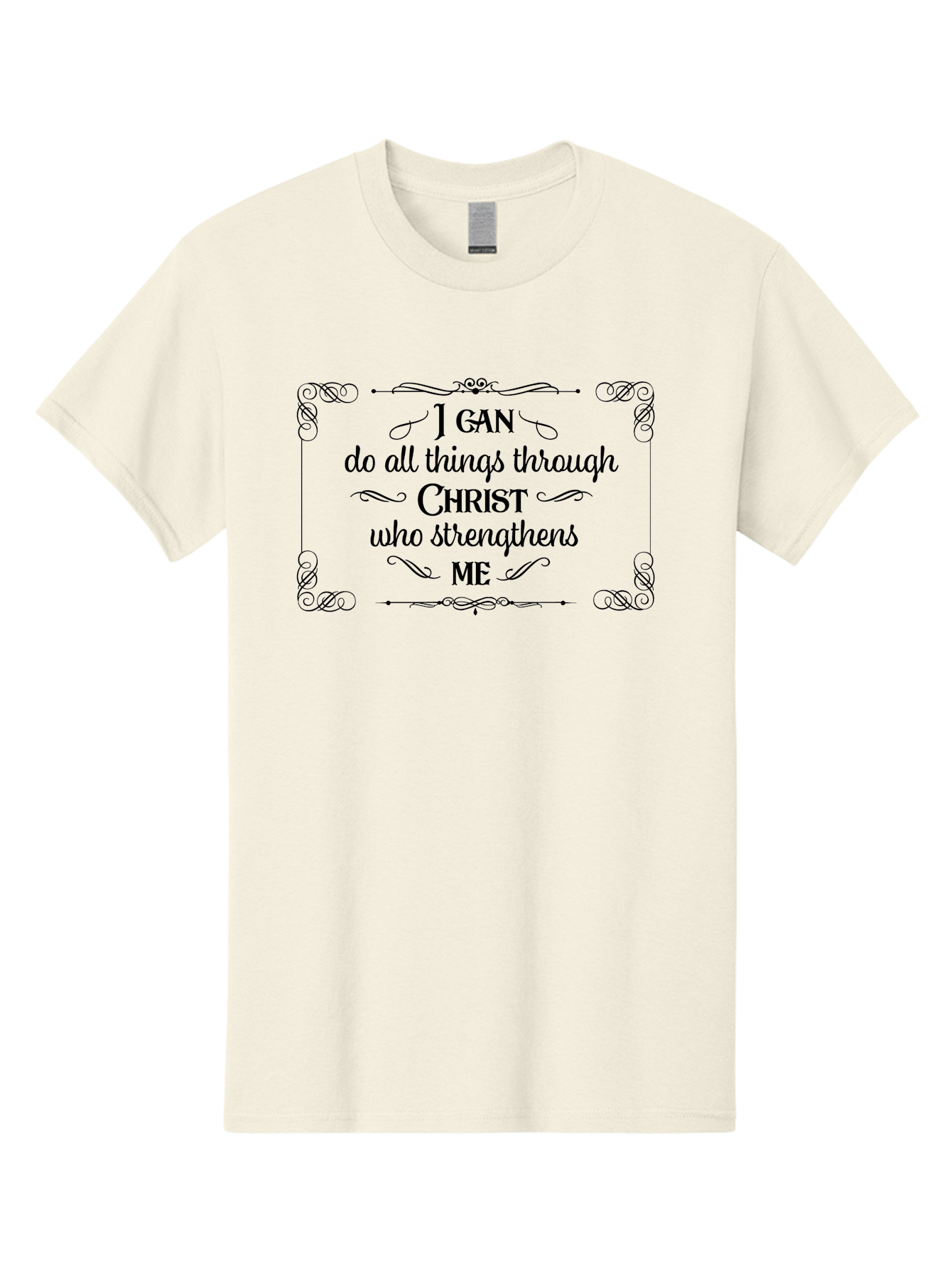 I-Can-Do-All-Things-Through-Christ Men'S Graphic Tee, 100% Cotton, Comfortable Casual Summer Wear, Machine Washable, Inspirational Quote, Motivational Phrase, Faith-Based Message, Christianity, Scripture, Philippians 4:13, Ornate Typography, Aac840