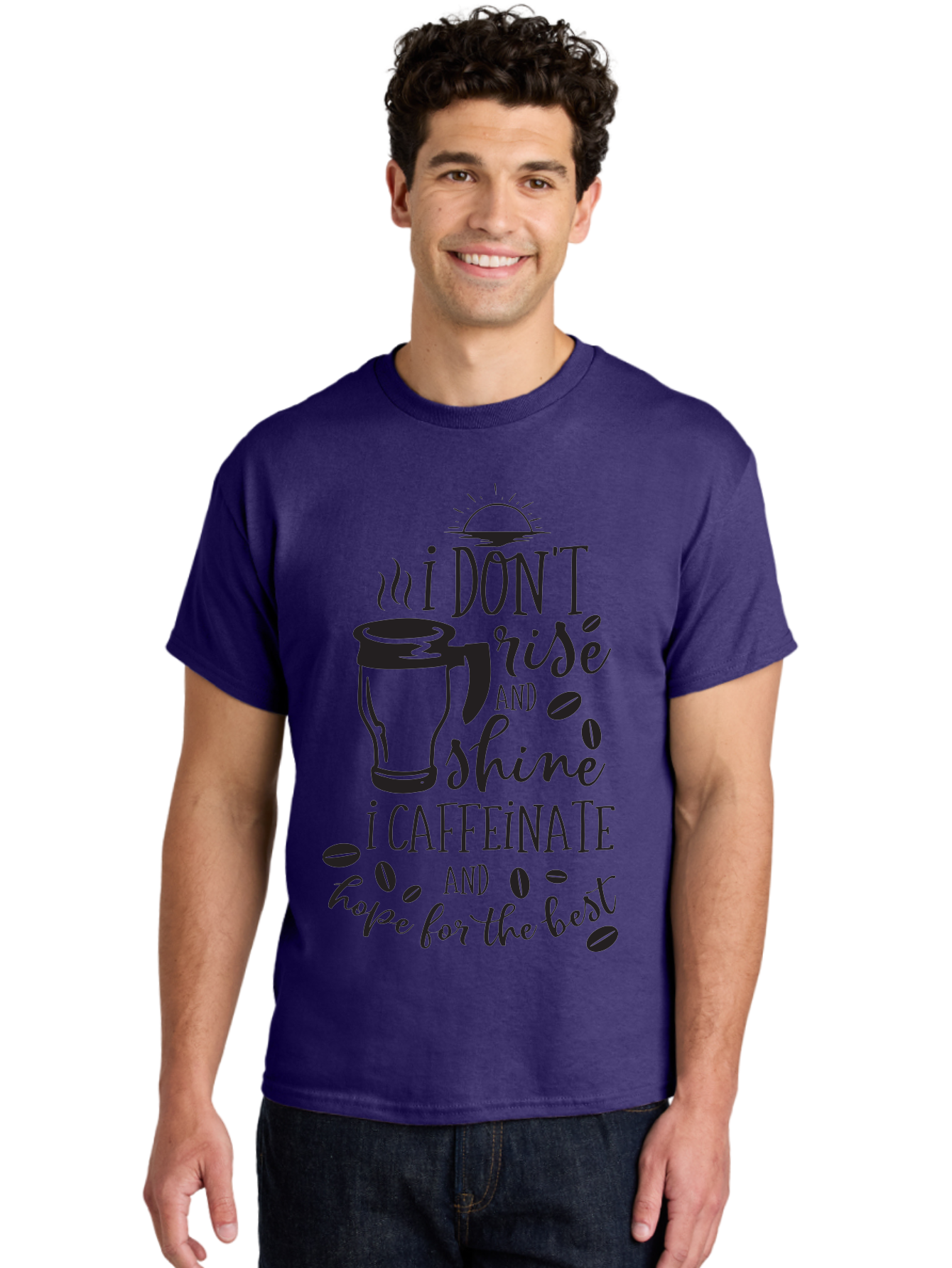 I-Don-T-Rise-And-Shine-I-Caffeinate Men'S Graphic Tee, 100% Cotton, Comfortable Casual Summer Wear, Machine Washable, Coffee-Themed Quote, Morning Motivation, Caffeine Humor, Coffee Lover Quotes, Funny Coffee Sayings, Coffee Mug Design, Aac844