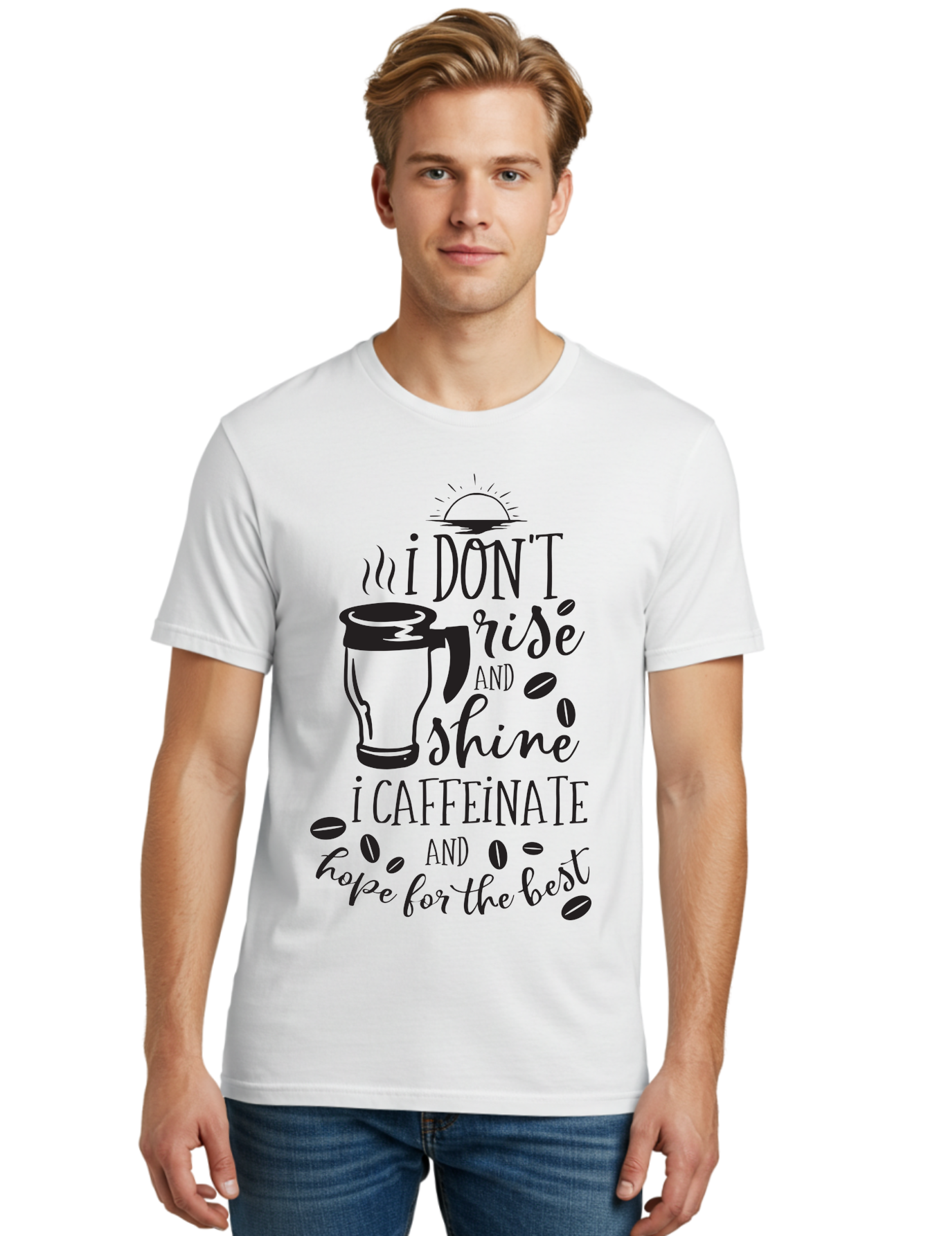 I-Don-T-Rise-And-Shine-I-Caffeinate Men'S Graphic Tee, 100% Cotton, Comfortable Casual Summer Wear, Machine Washable, Coffee-Themed Quote, Morning Motivation, Caffeine Humor, Coffee Lover Quotes, Funny Coffee Sayings, Coffee Mug Design, Aac844
