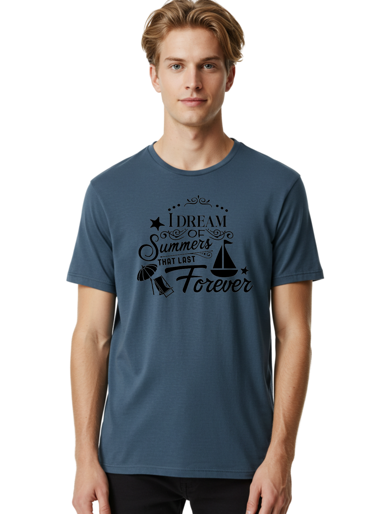 I-Dream-Of-Summers-That-Last-Forever Men'S Graphic Tee, 100% Cotton, Comfortable Casual Summer Wear, Machine Washable, Summertime Vibes, Sailing, Beach Umbrella, Summer Dreams, Endless Summer, Sailboat, Beach Life, Vacation Mode, Aac845