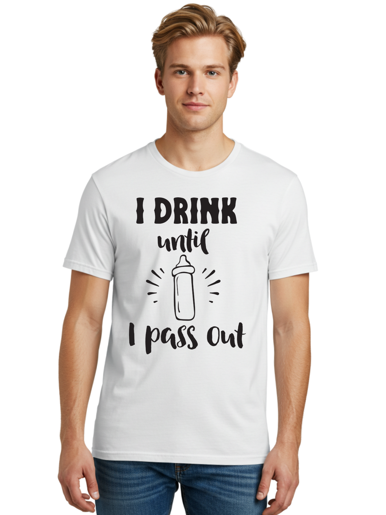 I-Drink-Until-I-Pass-Out Men'S Graphic Tee, 100% Cotton, Comfortable Casual Summer Wear, Machine Washable, Funny Baby Bottle, Humorous Drinking Quote, Party Humor, Adult Beverage, Comical Design, Sarcastic Quote, Playful Typography Aac846