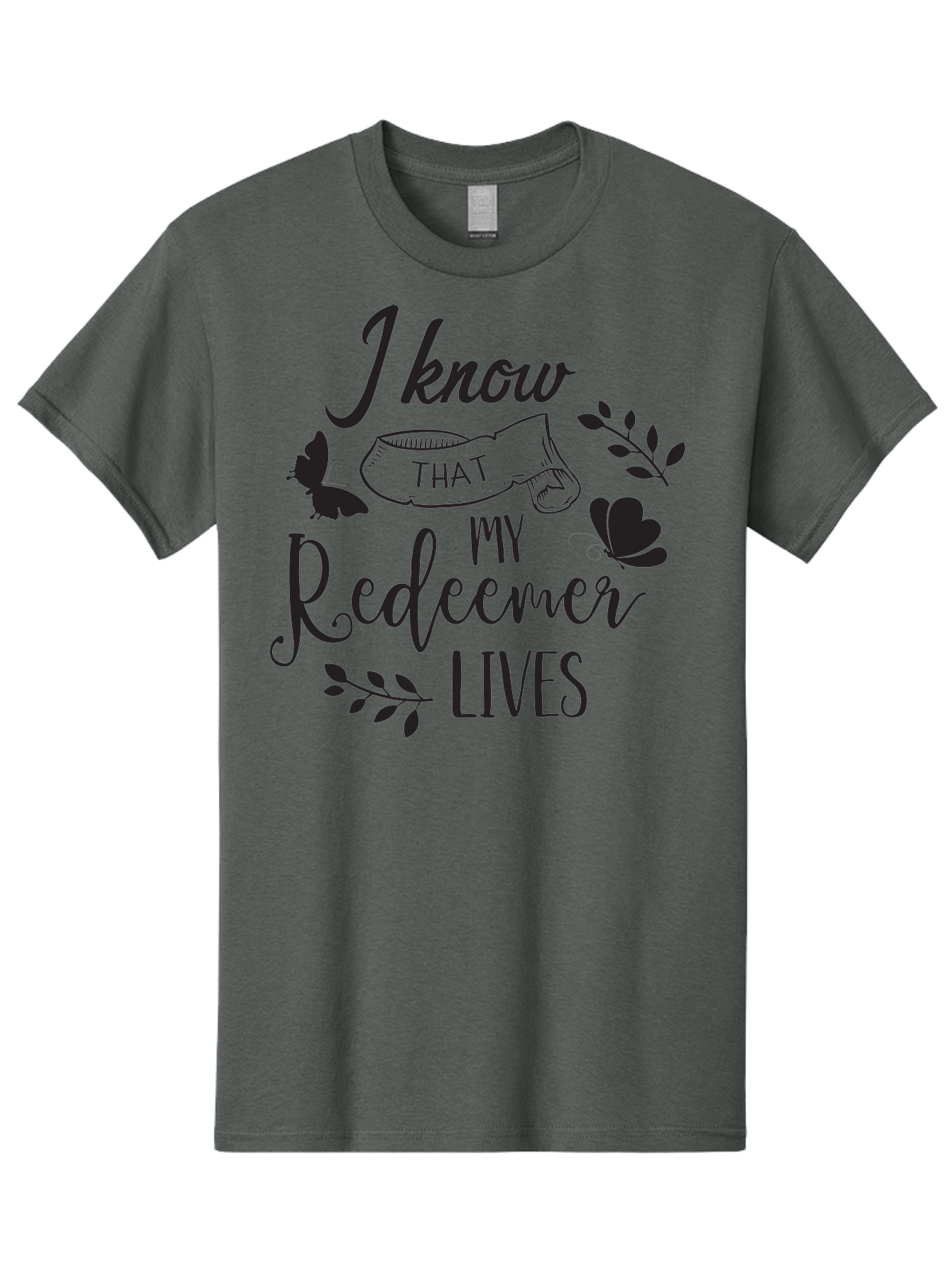I-Know-That-My-Redeemer-Lives Men'S Graphic Tee, 100% Cotton, Comfortable Casual Summer Wear, Machine Washable, Faithful Quote, Inspirational Words, Religious Text, Butterflies, Leaves, Spiritual Message, Motivational Phrase, Black Typography, Aac849