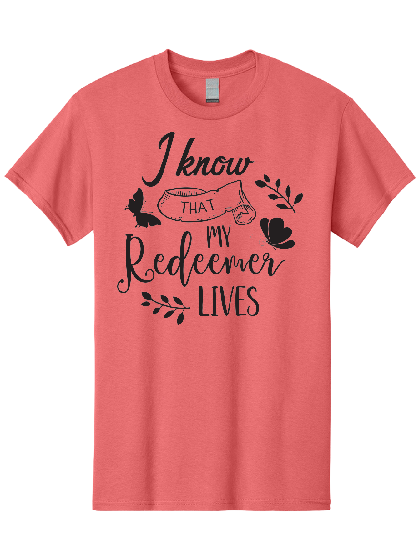 I-Know-That-My-Redeemer-Lives Men'S Graphic Tee, 100% Cotton, Comfortable Casual Summer Wear, Machine Washable, Faithful Quote, Inspirational Words, Religious Text, Butterflies, Leaves, Spiritual Message, Motivational Phrase, Black Typography, Aac849