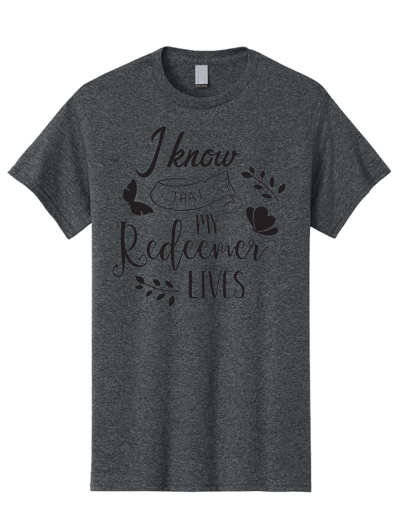 I-Know-That-My-Redeemer-Lives Men'S Graphic Tee, 100% Cotton, Comfortable Casual Summer Wear, Machine Washable, Faithful Quote, Inspirational Words, Religious Text, Butterflies, Leaves, Spiritual Message, Motivational Phrase, Black Typography, Aac849